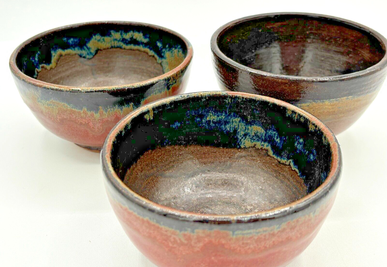 Stoneware Snack Bowls Firewood Kiln Glaze Set of 3 Wheel Thrown Studio Art