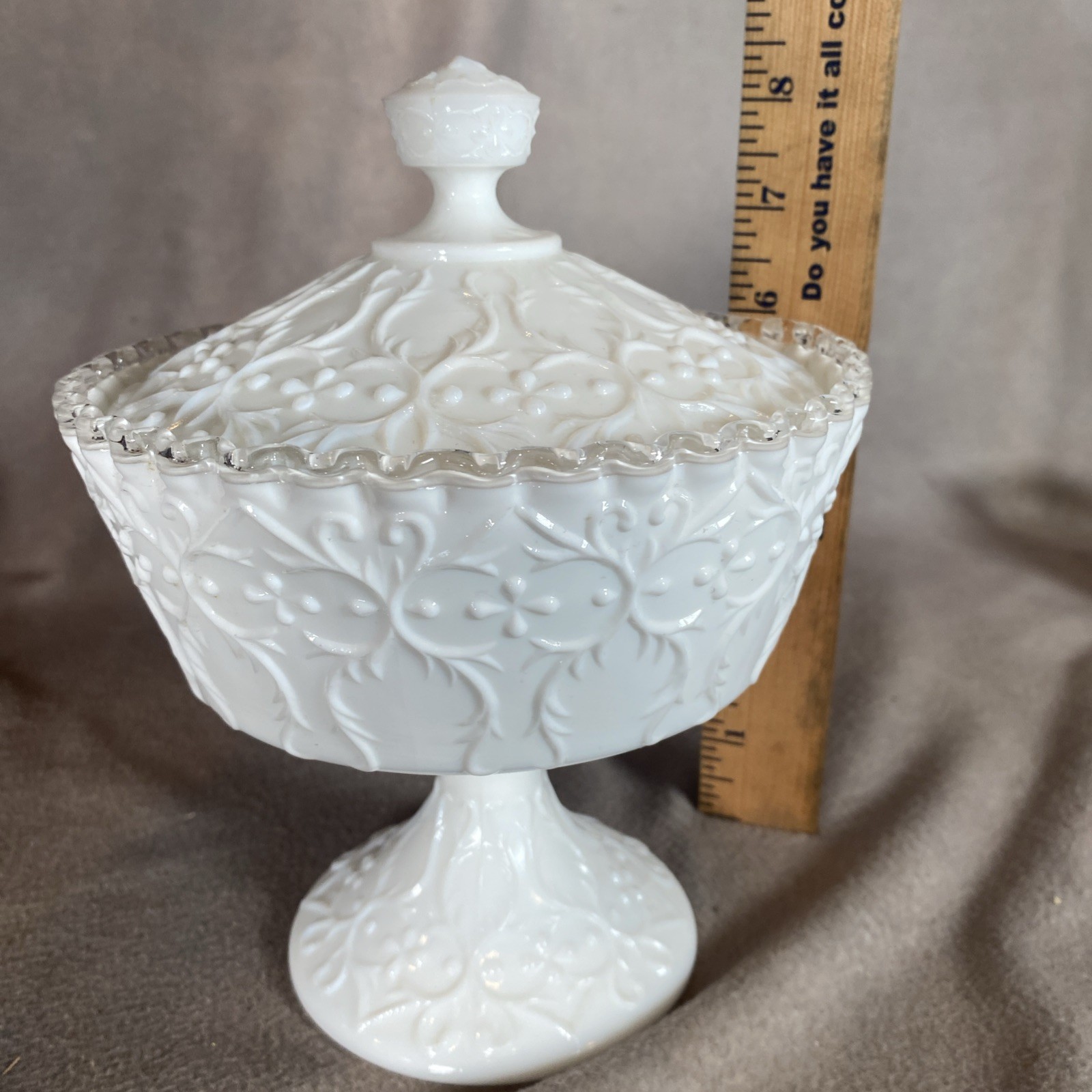 Fenton Milk Glass Silver Crest Spanish Lace Pedestal Candy Server w/ Lid