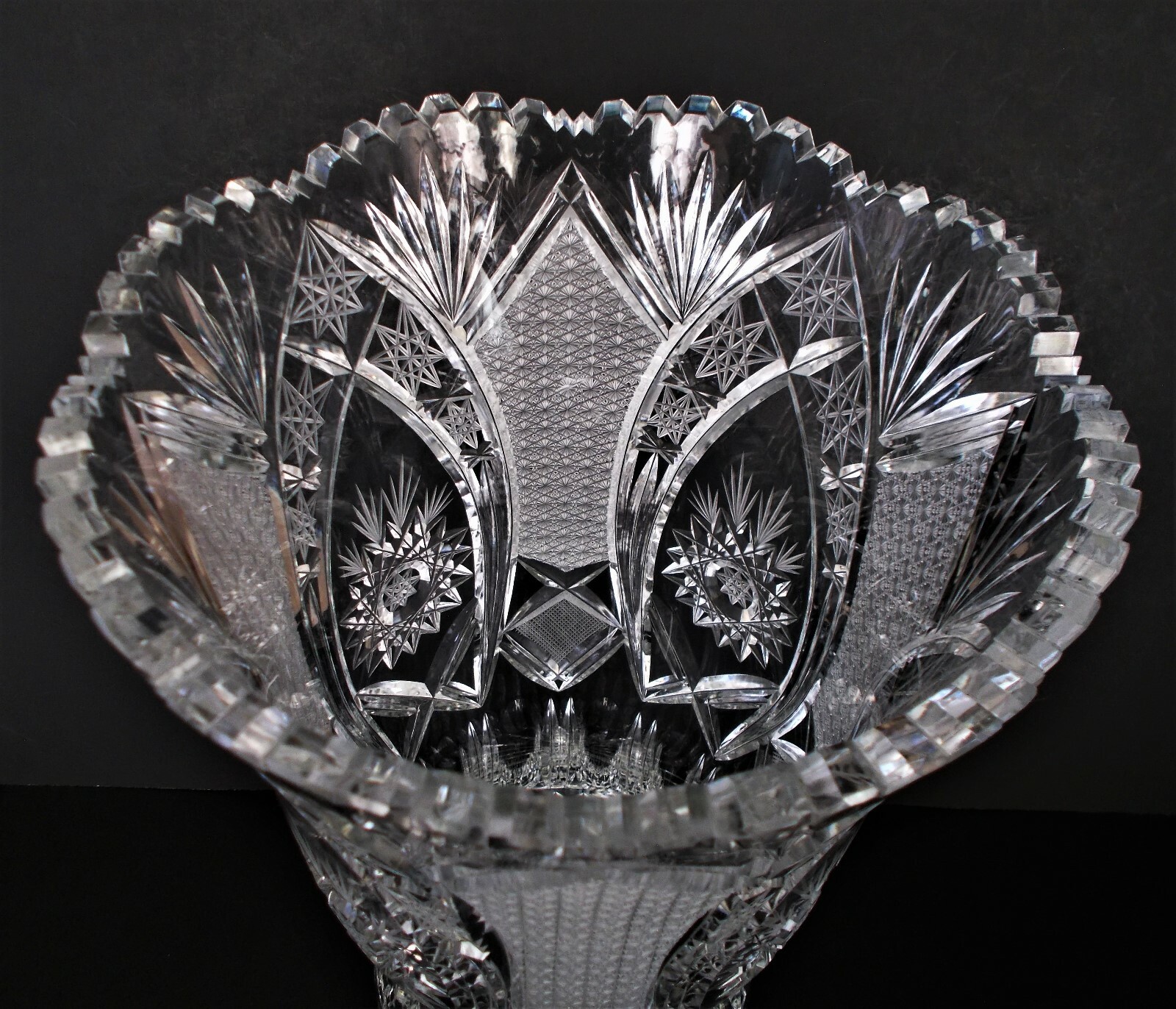 LARGE 16″Tall x 9 1/2″ Top x 5 1/2″ Base ABP Cut Glass Vase – 14 Pounds Heavy