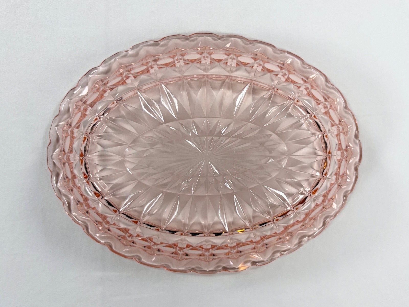 2 Vintage Jeannette Windsor Diamond Pink Depression Glass Oval Serving Bowls Set