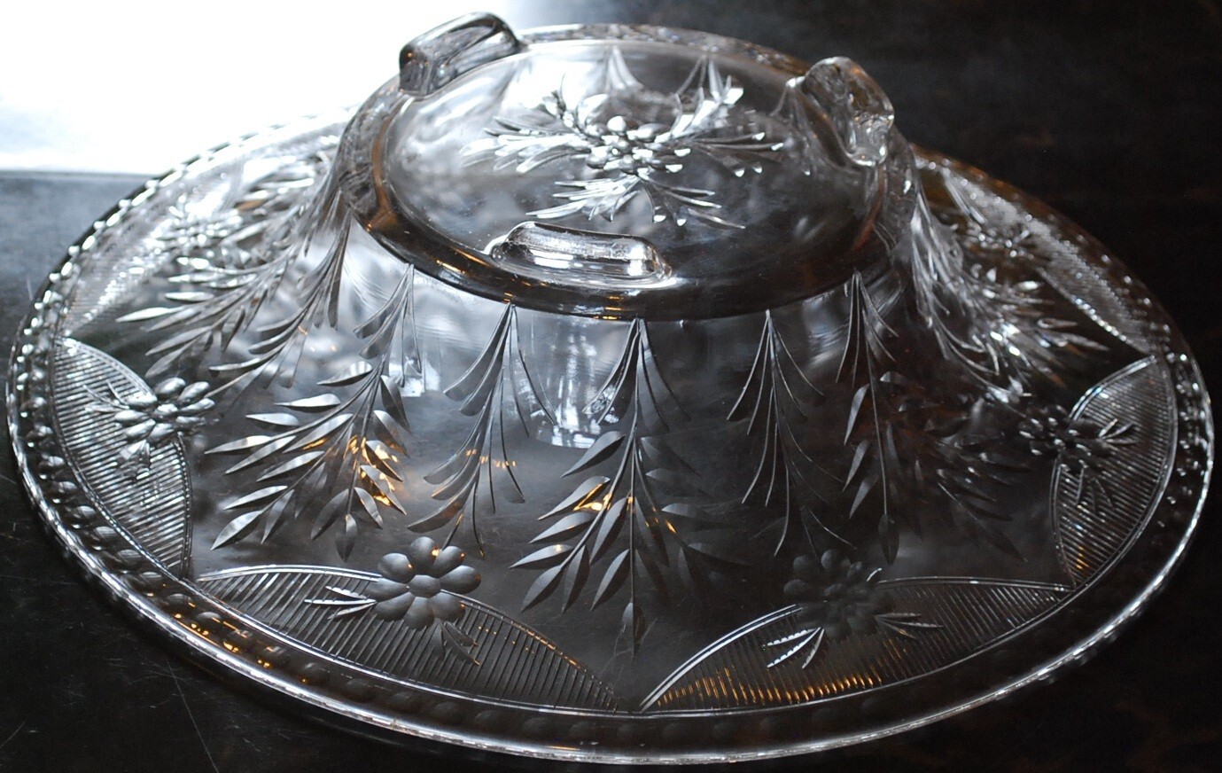 Vintage ROCK SHARPE Crystal FOOTED WIDE BOWL Clear Cut Floral & Dots 12.25″ EXC
