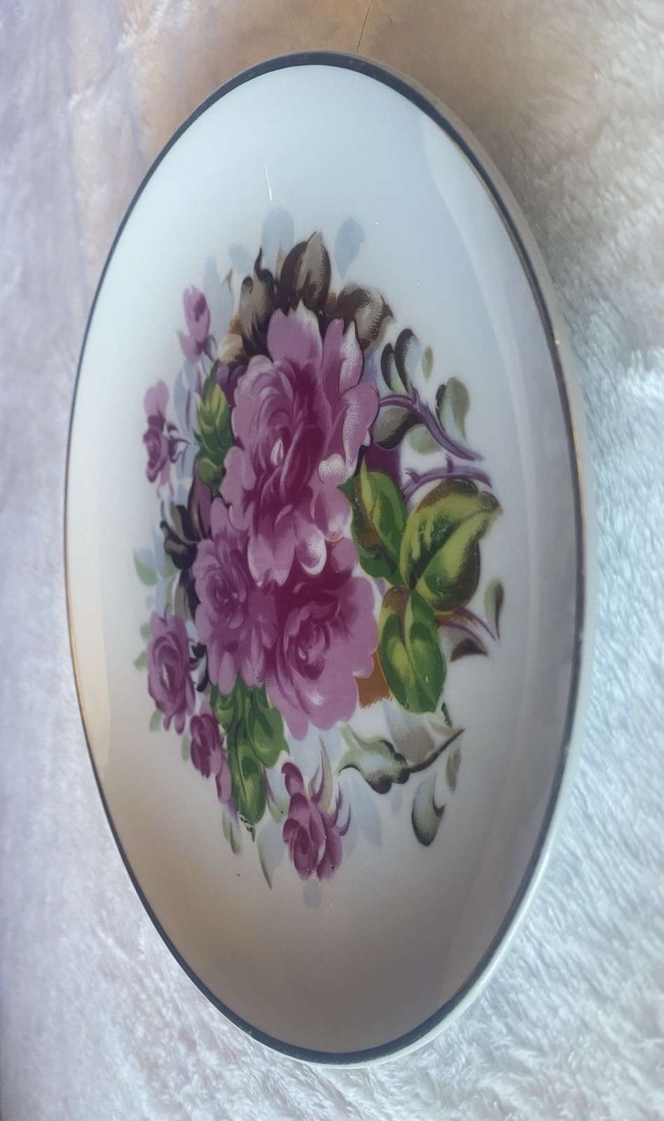 Japan Ceramic Round Decorative Plate 9 in White Pink Green Floral Glossy