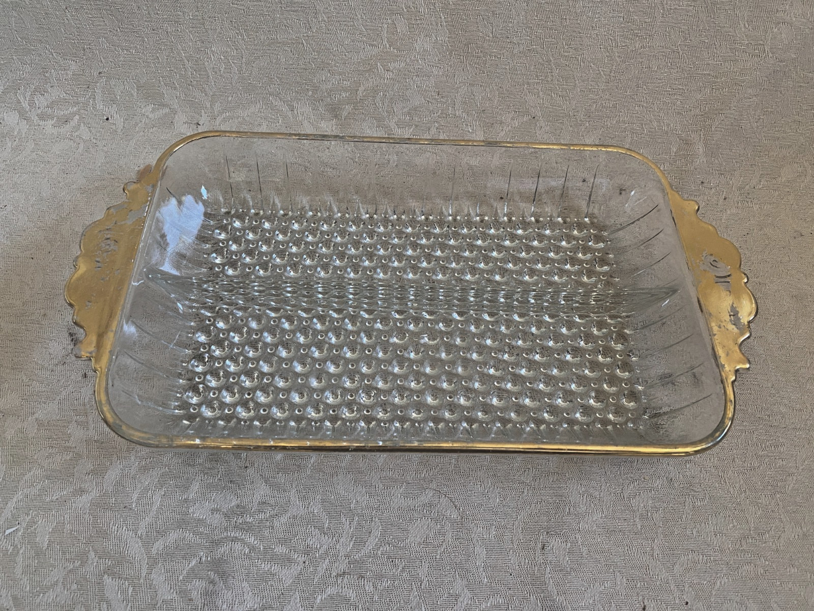 Vintage Clear Glass Rectangular Platter Tray Gold Trim Handles Diamond Pattern