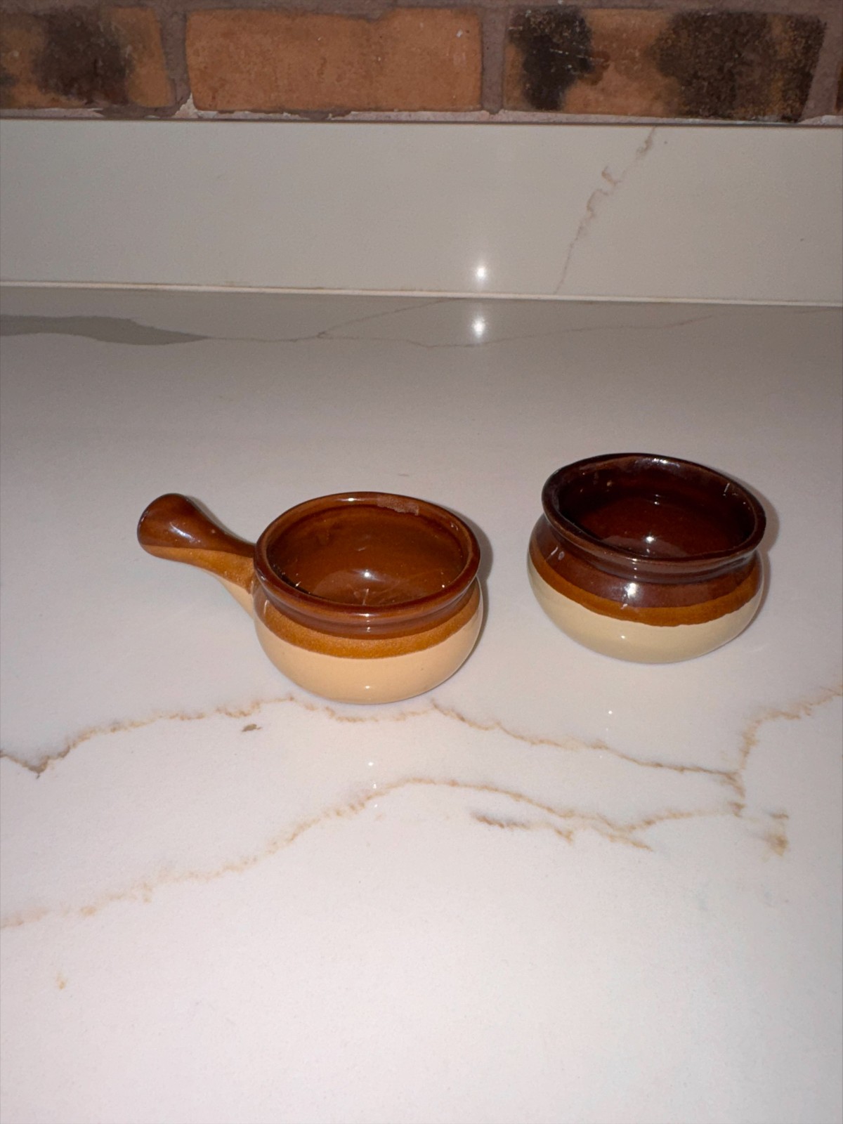 Vintage Mini Brown Drip Glaze Stoneware Bowls With Handle Crock Pot Style Set