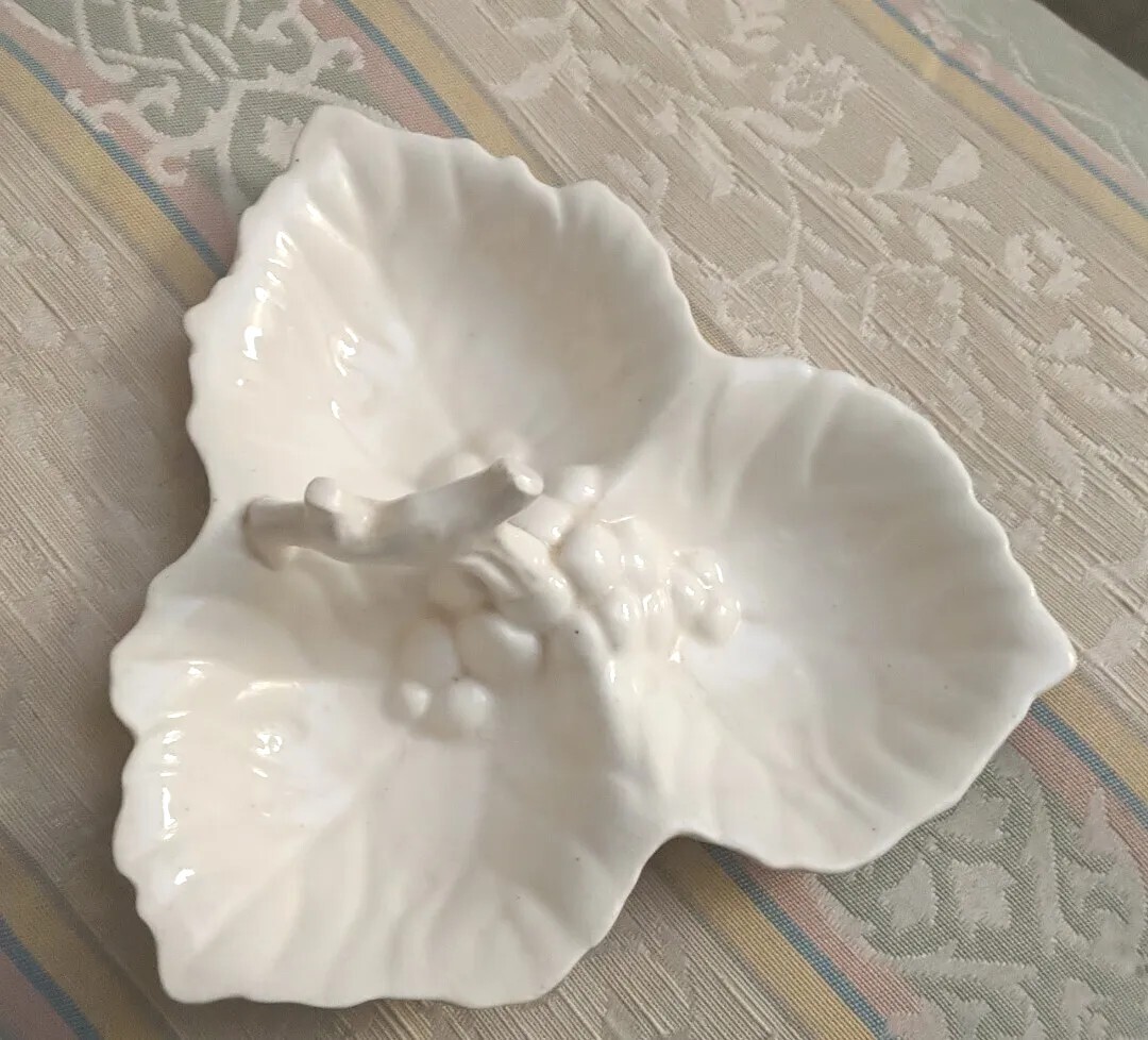 Antique Candy Dish Vintage Ivory White 3 Section Grape Leaves Stem Handle 1930s