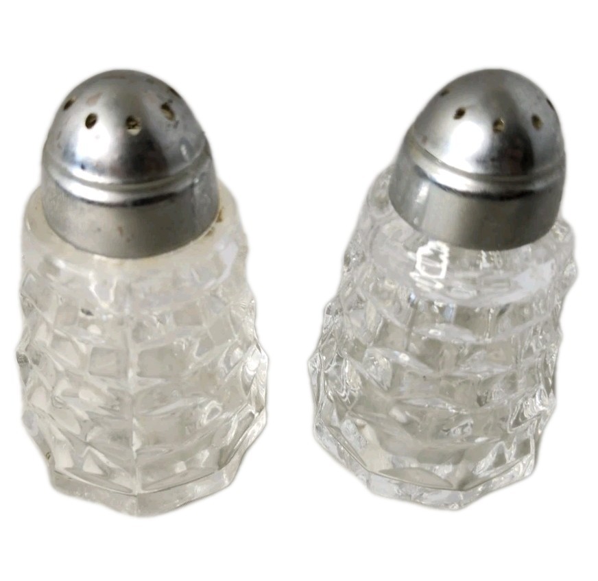 VTG Set of Fostoria American Clear Glass Salt and Pepper Shakers Metal Lid Cap