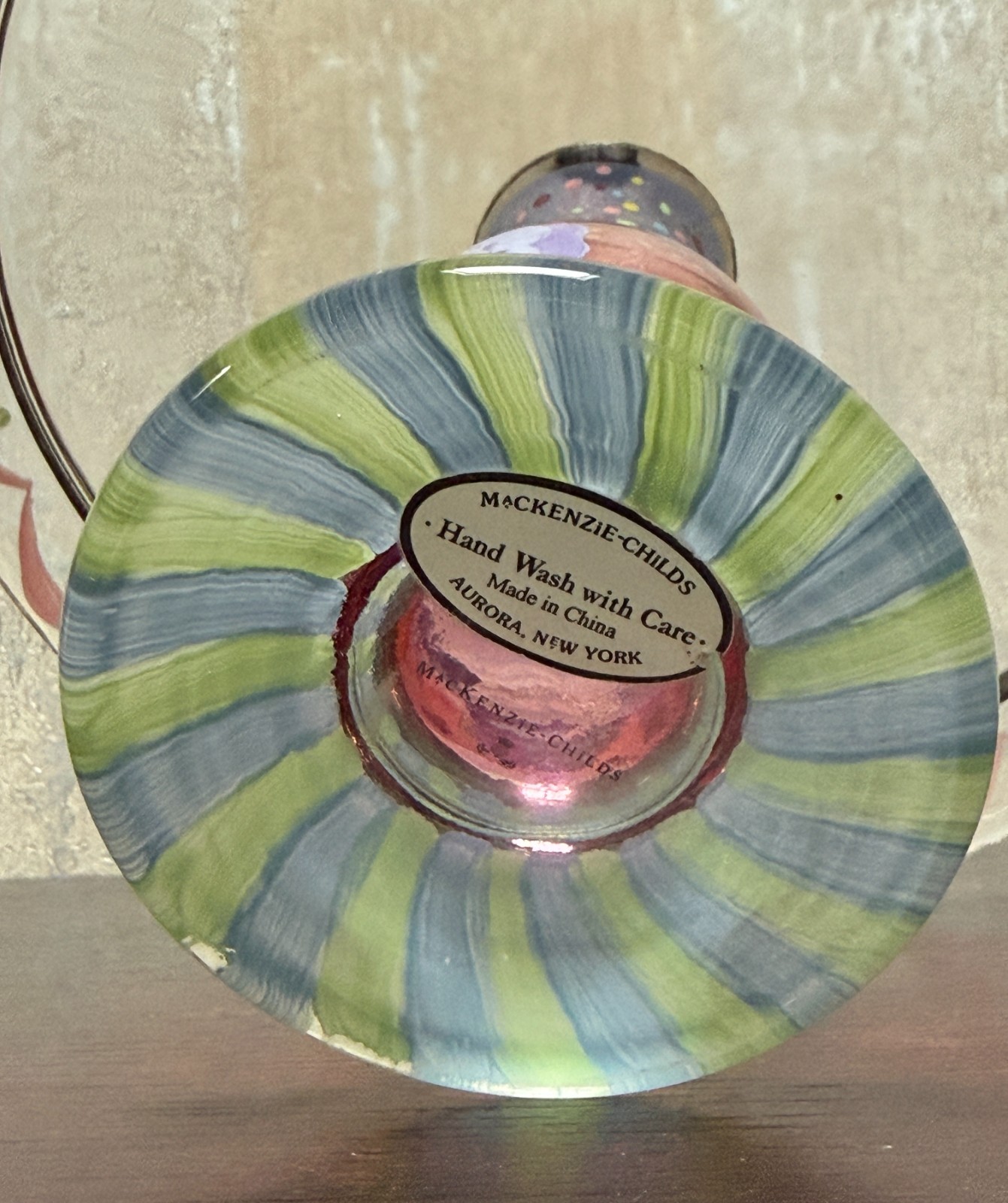 MacKenzie-Childs Glass Cake Stand Pedestal Plate Floral Courtly Check 9.5″