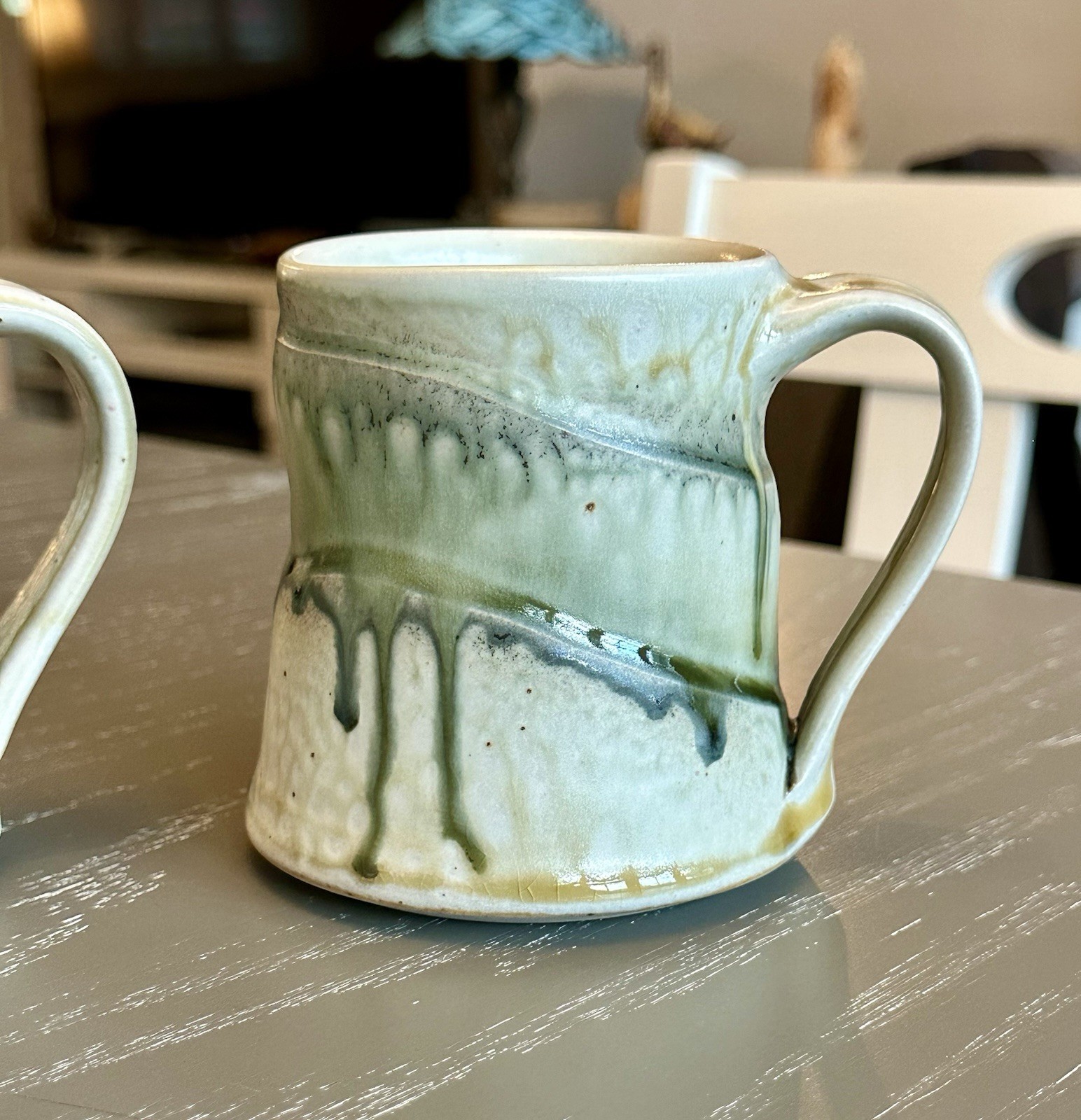 Studio Art Pottery Mugs Set Of Two Earthy Green Drip Glaze Signed Charlie Tefft
