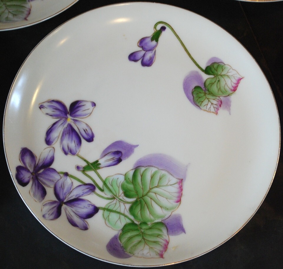 Vtg Set 6 PLATES Tashiro Shoten Japan HANDPAINTED PURPLE VIOLETS Gold Rims 7.5″