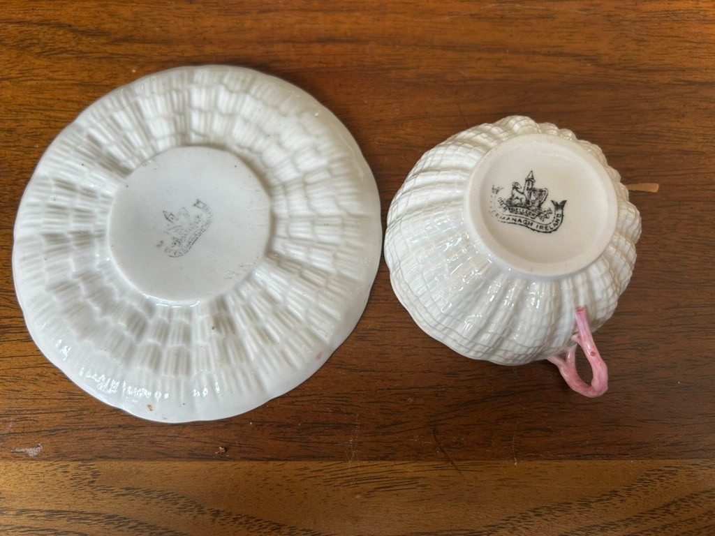Vintage Belleek Ireland Pink and Green Shell Teacup & Saucer Sets Porcelain
