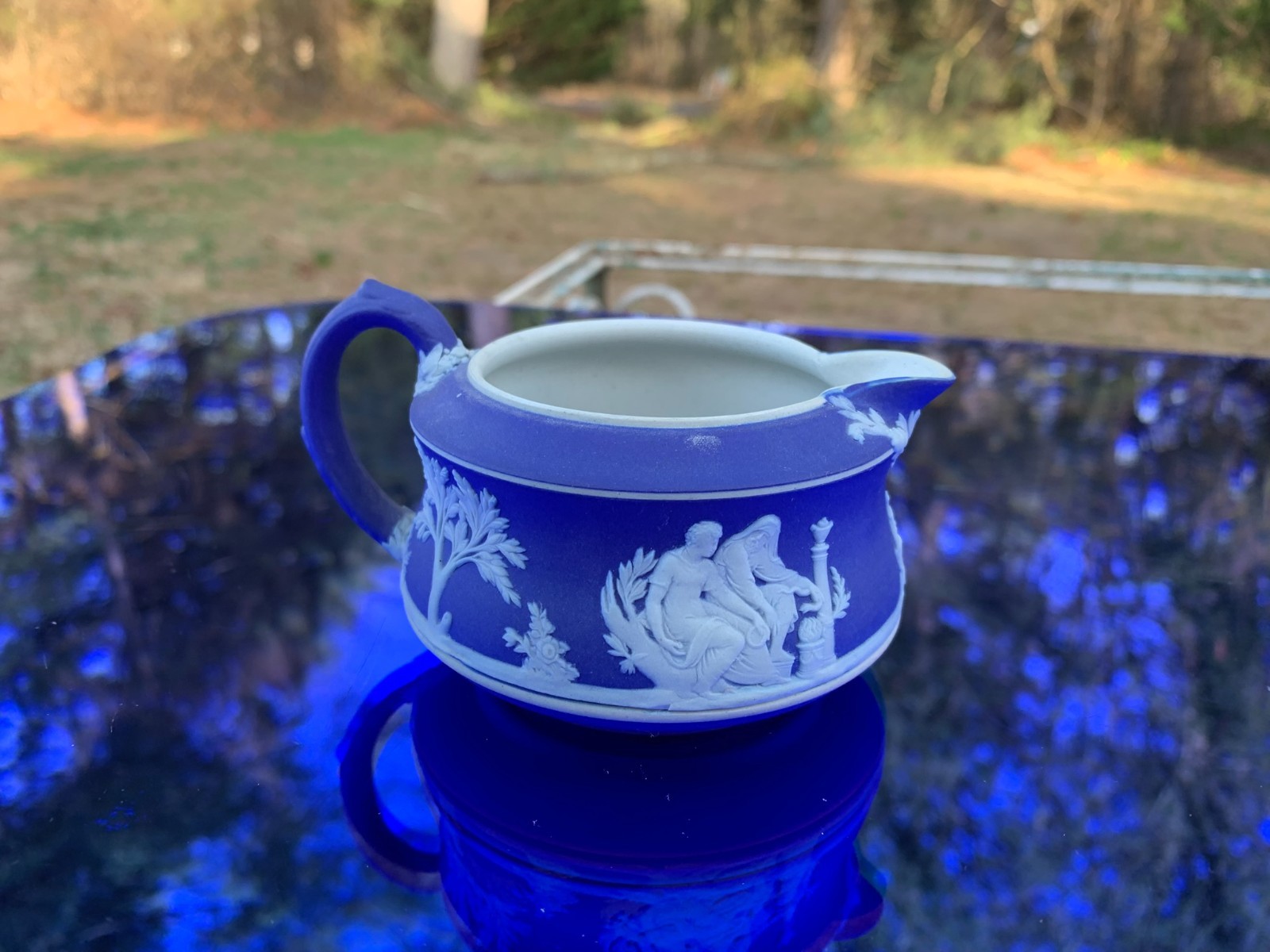 Wedgwood Jasperware Cobalt Blue Creamer 2 1/8″ Tall Made in England Circa 1900