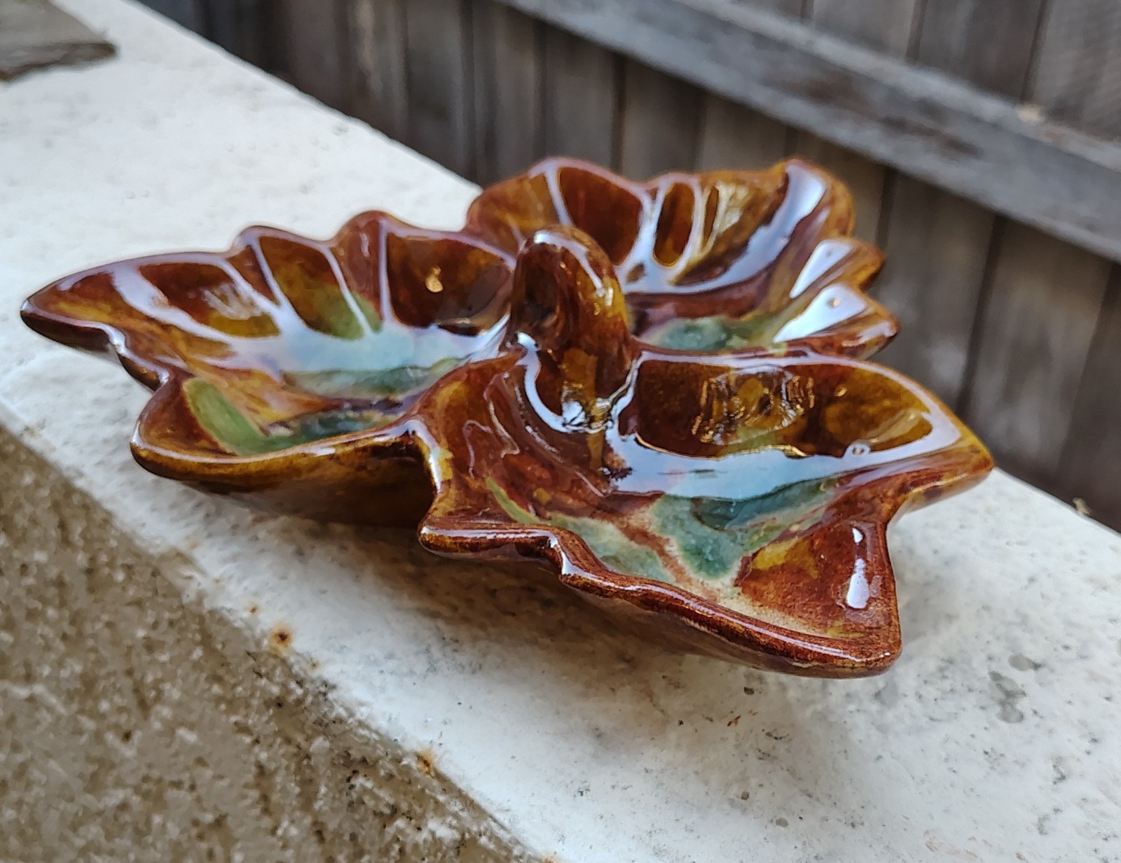 Vintage Hot Springs Pottery Drip-Glaze Leaf Dish Trinket Bowl