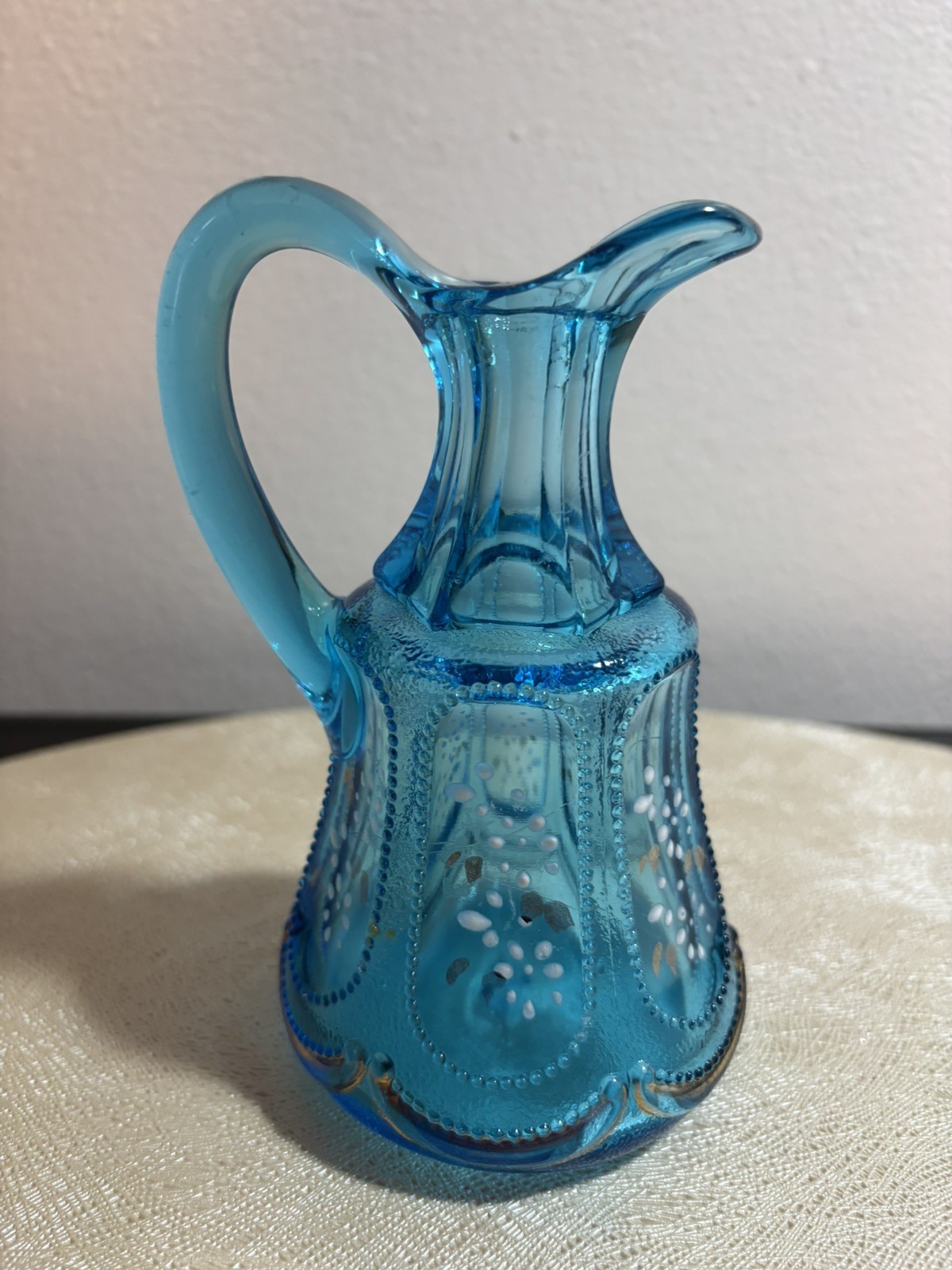BEAUTIFUL CORNFLOWER BLUE COLORED GLASS HANDLED CRUET 1905 ERA hand painted
