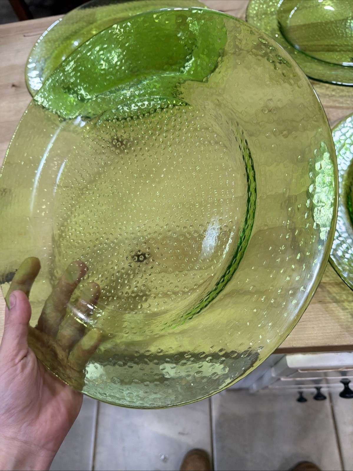 Large 12 3/4” Heavy Green Glass Platters Textured (Set Of 4)