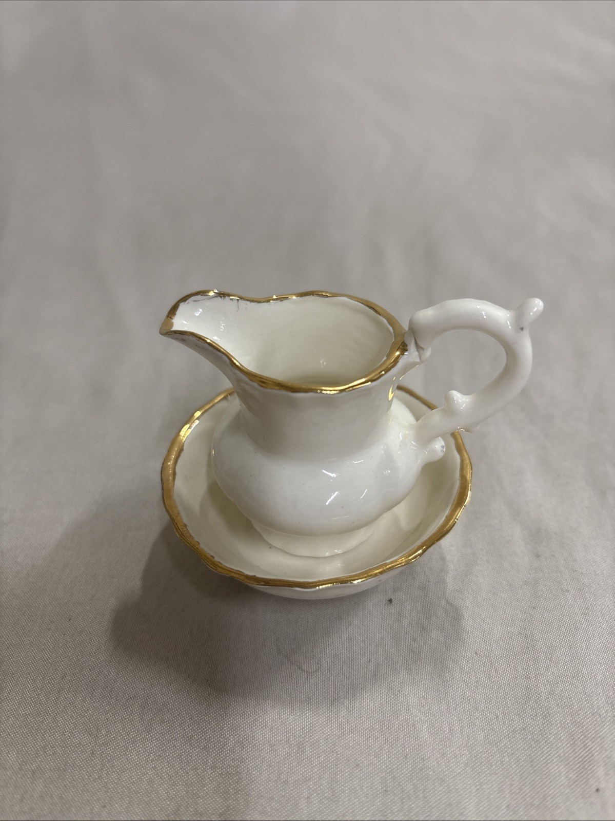 Vintage Mini Creamer And Saucer White With A Gold Trim #B30