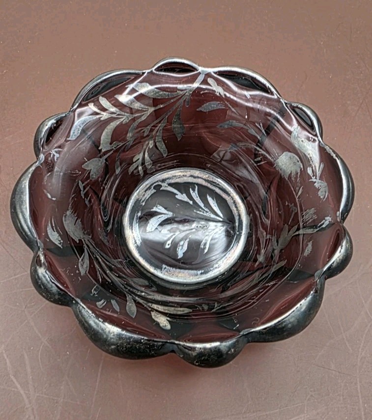 Vintage 1930’S Imperial Glass Amethyst Purple Bowl W/ Silver Overlay 5 In…