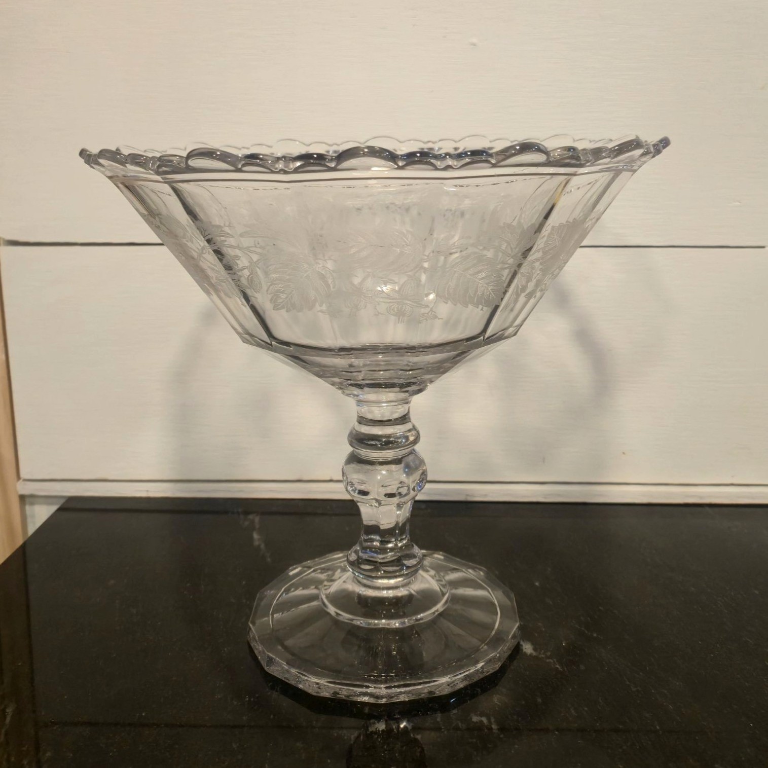 Antique Etched Glass Pedestal Compote Scalloped Rim Elegant Glass Bowl leaves