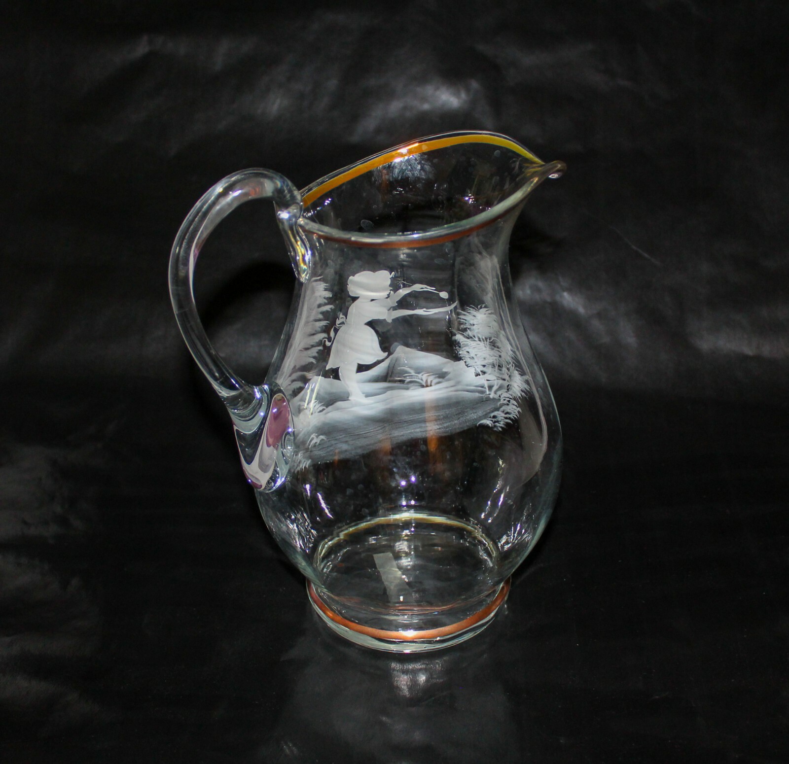 Mary Gregory Clear Glass 9 3/4″ Tall Handled Pitcher Hard to Find Version