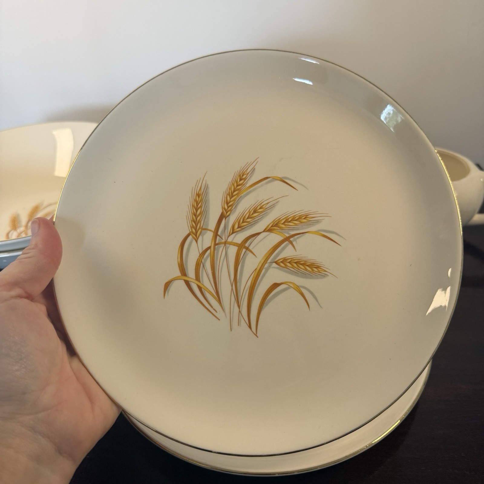 Homer Laughlin Vintage Golden Wheat 7 Piece Lot Plates Bowls Gravy Boat 22K Gold