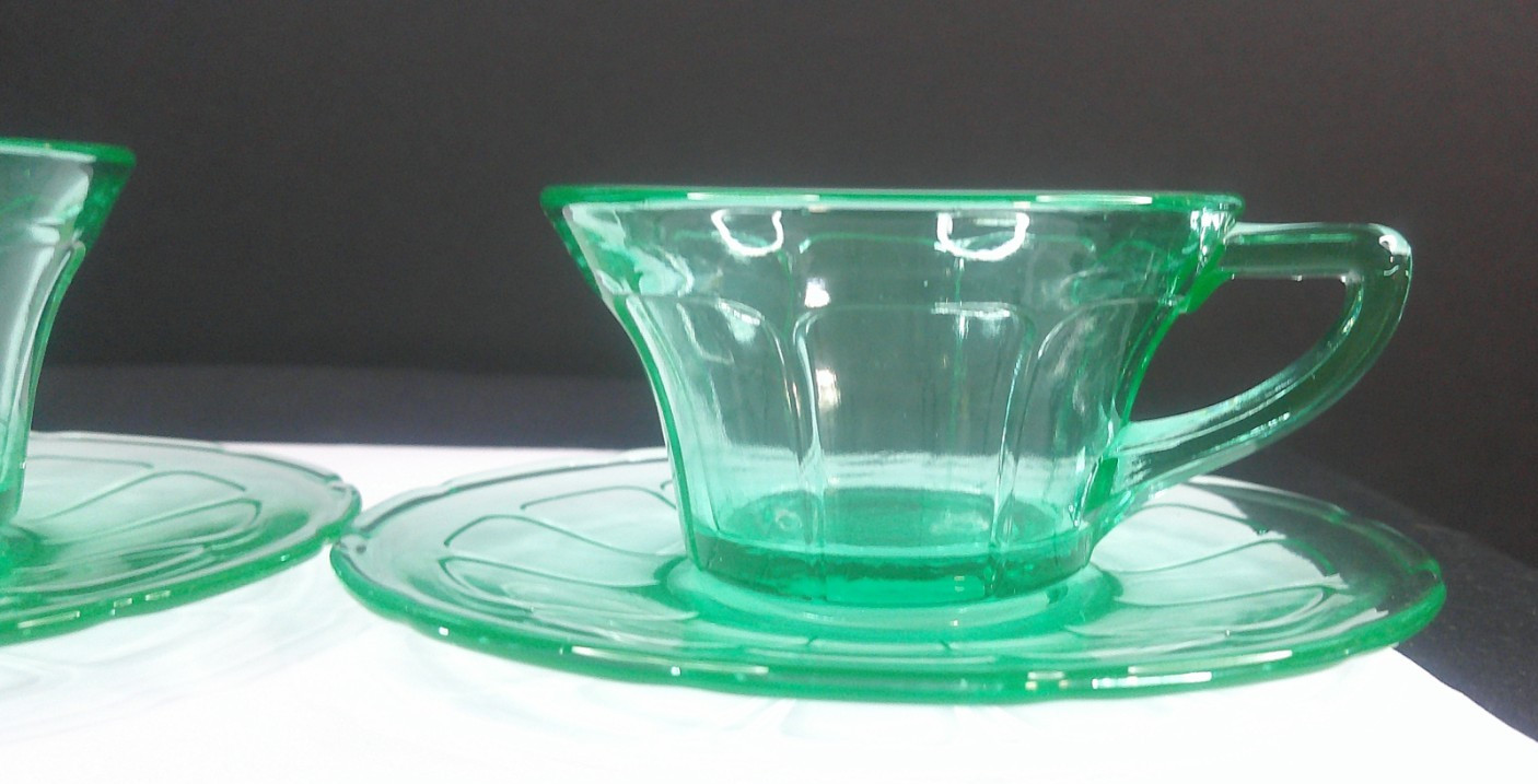 Uranium, Diamond Glass Co, Victory, Green, Cup & Saucer Sets, (2), c 1929, ExCd