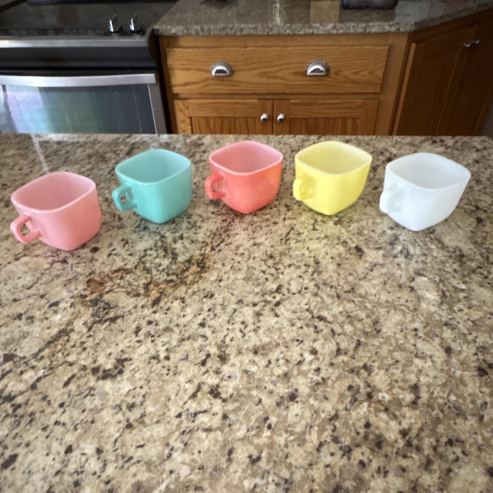 Glasbake J-2200 Set of 5 Milk Glass Stackable Square Handle Mugs 10 oz