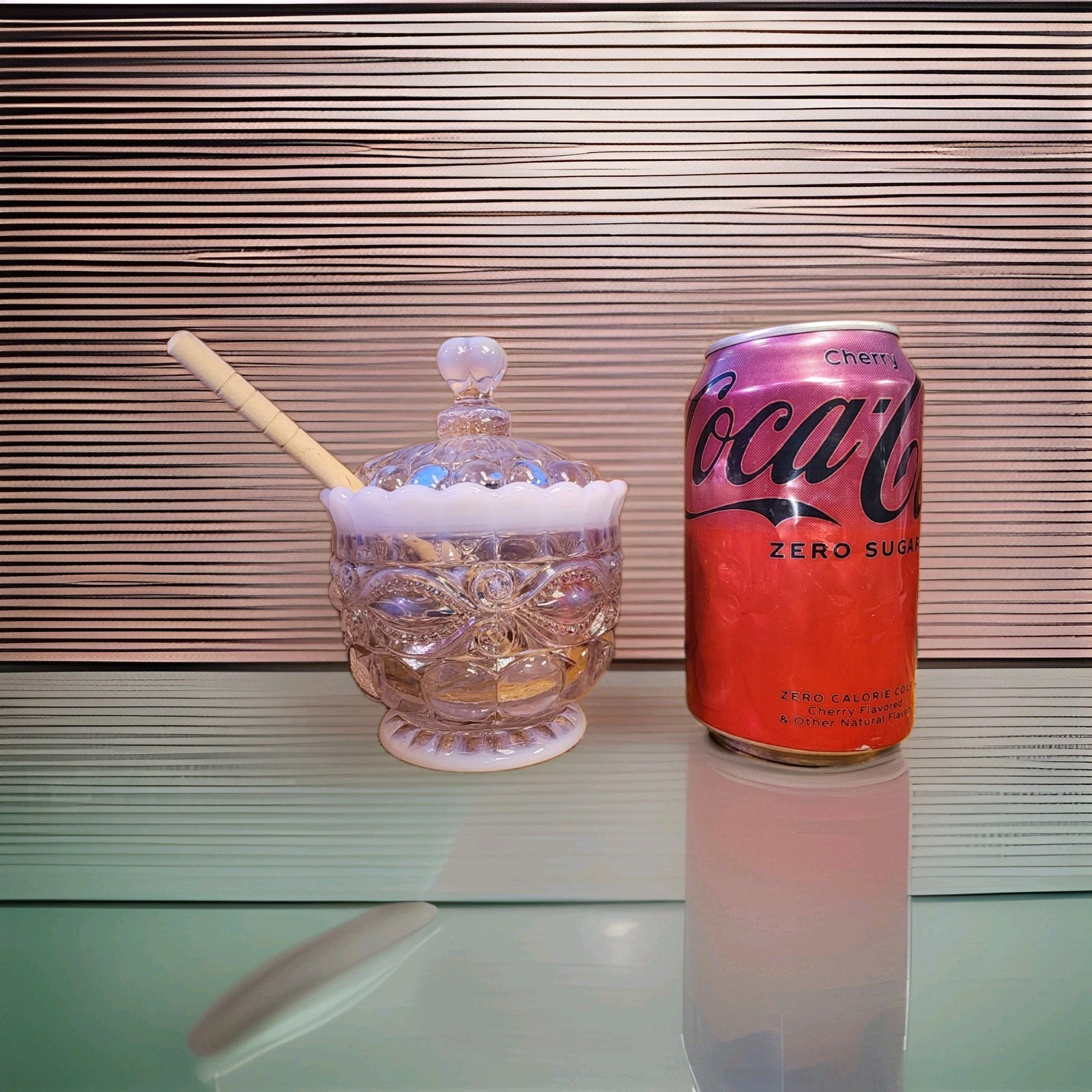Mosser Eye Winker Pink Opalescent Honey Jar & Dipper Ohio USA Gift Sugar
