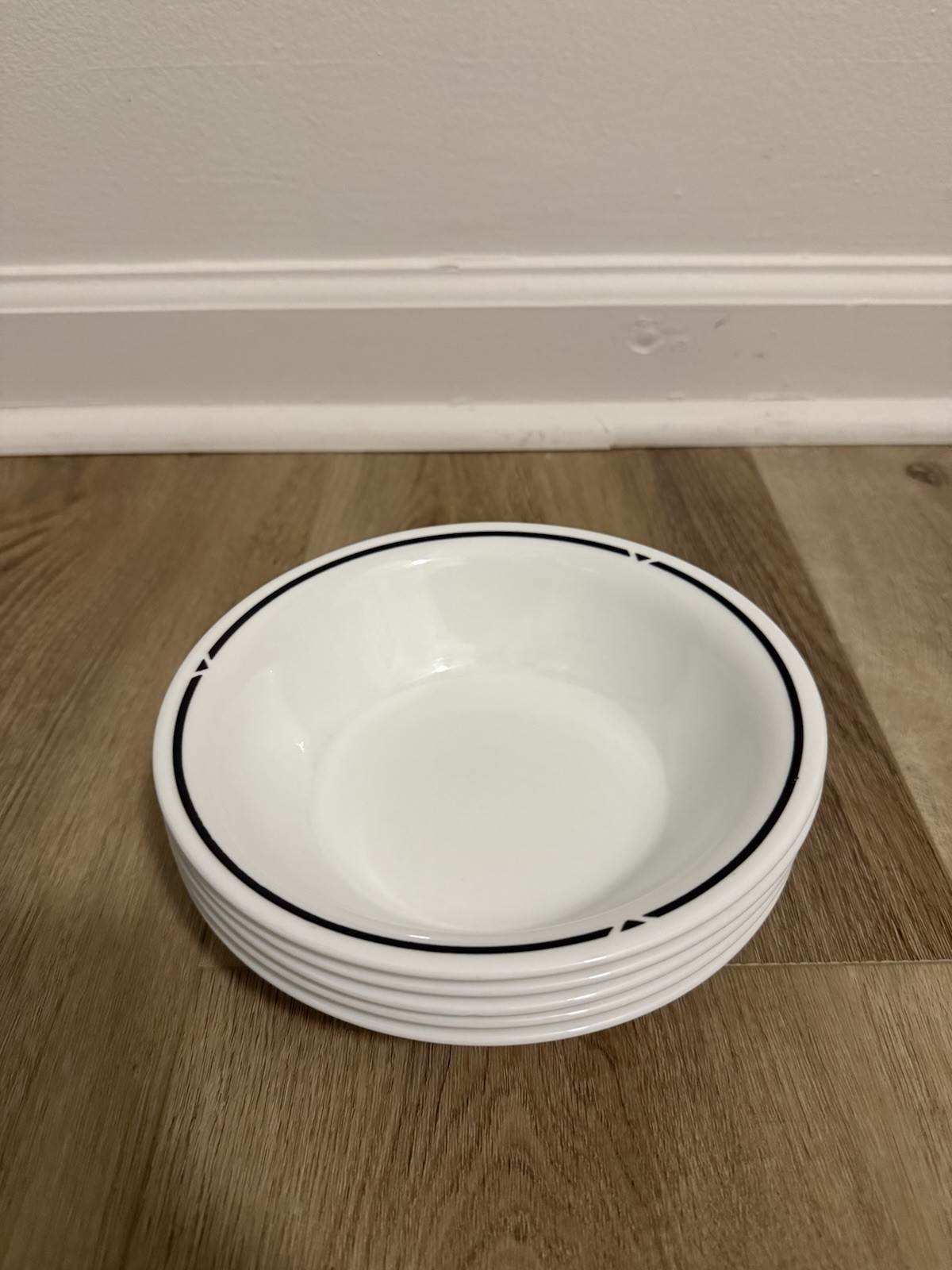 Set Of 5 Corelle Silk & Roses 7.25″ Coupe Soup Bowl Black Band w/ Triangles