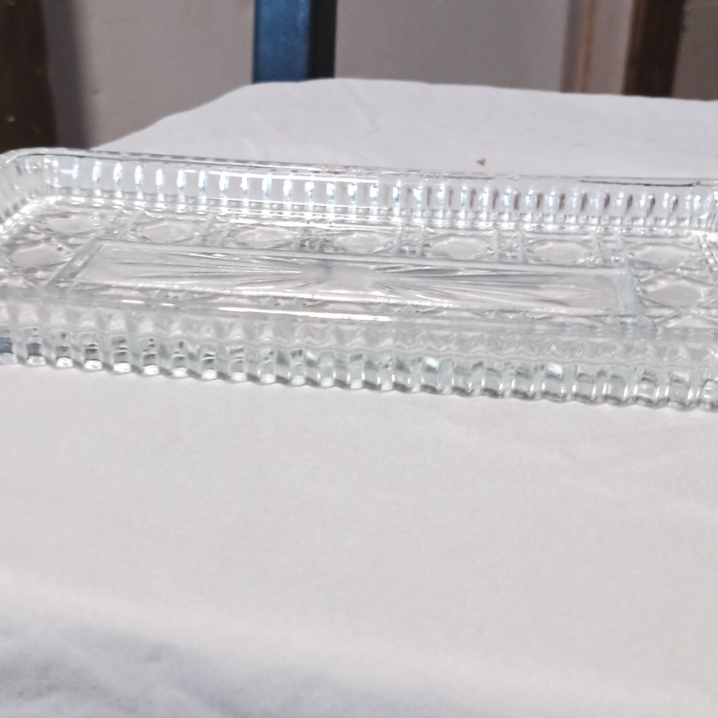 Clear Pressed Glass Rectangular Tray, Diamond & Starburst Pattern Decorative