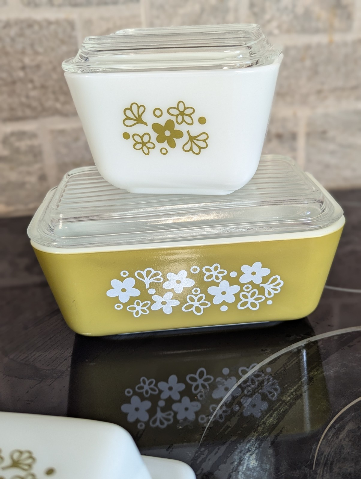 PYREX 502 501 CRAZY DAISY SPRING BLOSSOM REFRIGERATOR BITTER DISH Lot Lid Chips
