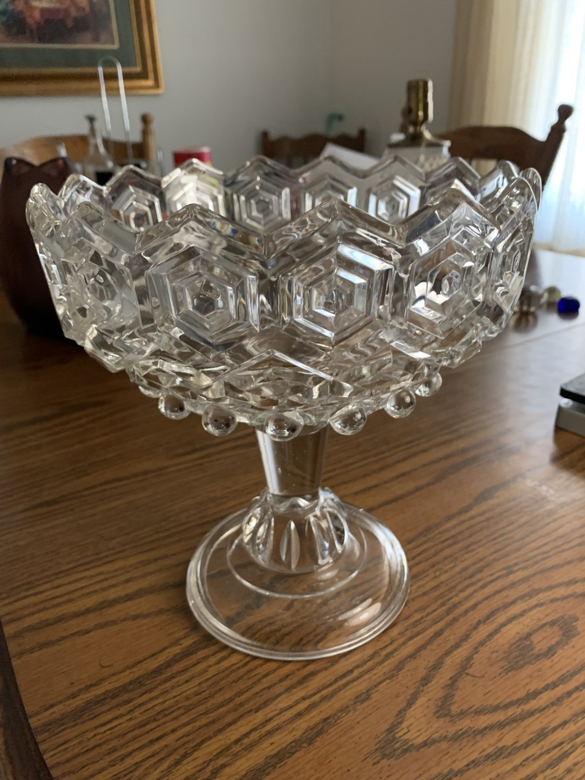 Dalzell Gilmore Leighton Hexagonal Bull’s Eye Open Compote EAPG 9″ Antique 1890s