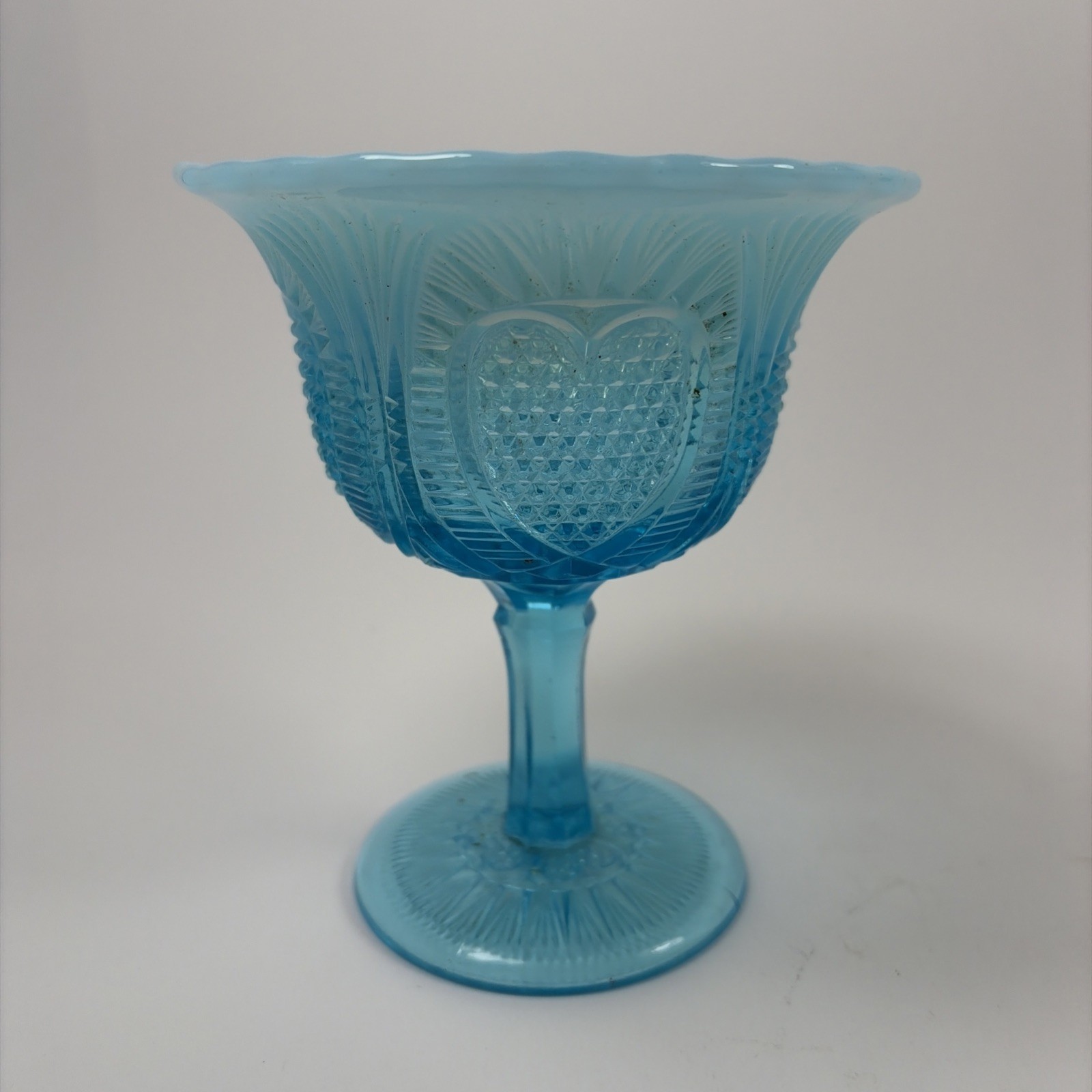 Dominion “Rayed Heart” 5″ Blue Opalescent Pedestal Dish-RARE