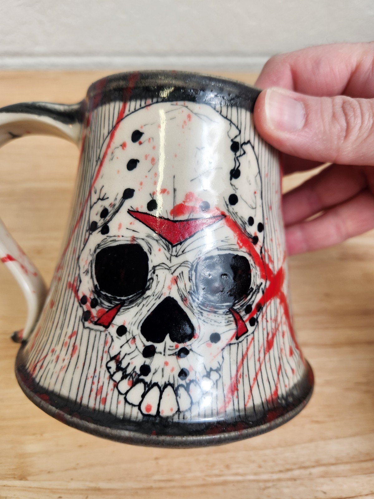 Scrimshaw Pottery Gaboury Ceramic Mug Glossy Blood Splatter Jason Mask Skull