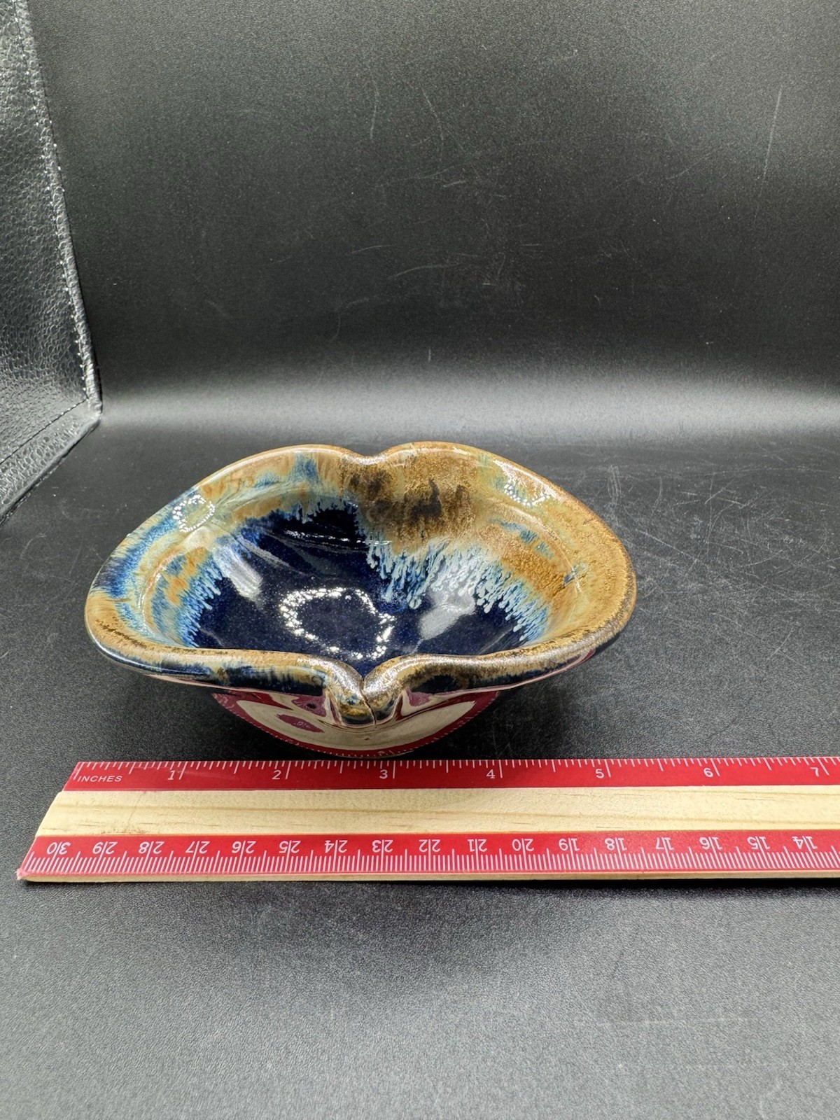 Pigeon River Pottery Heart Shaped Bowl Blue Beige Drip Glaze Signed Ceramic 5.5”