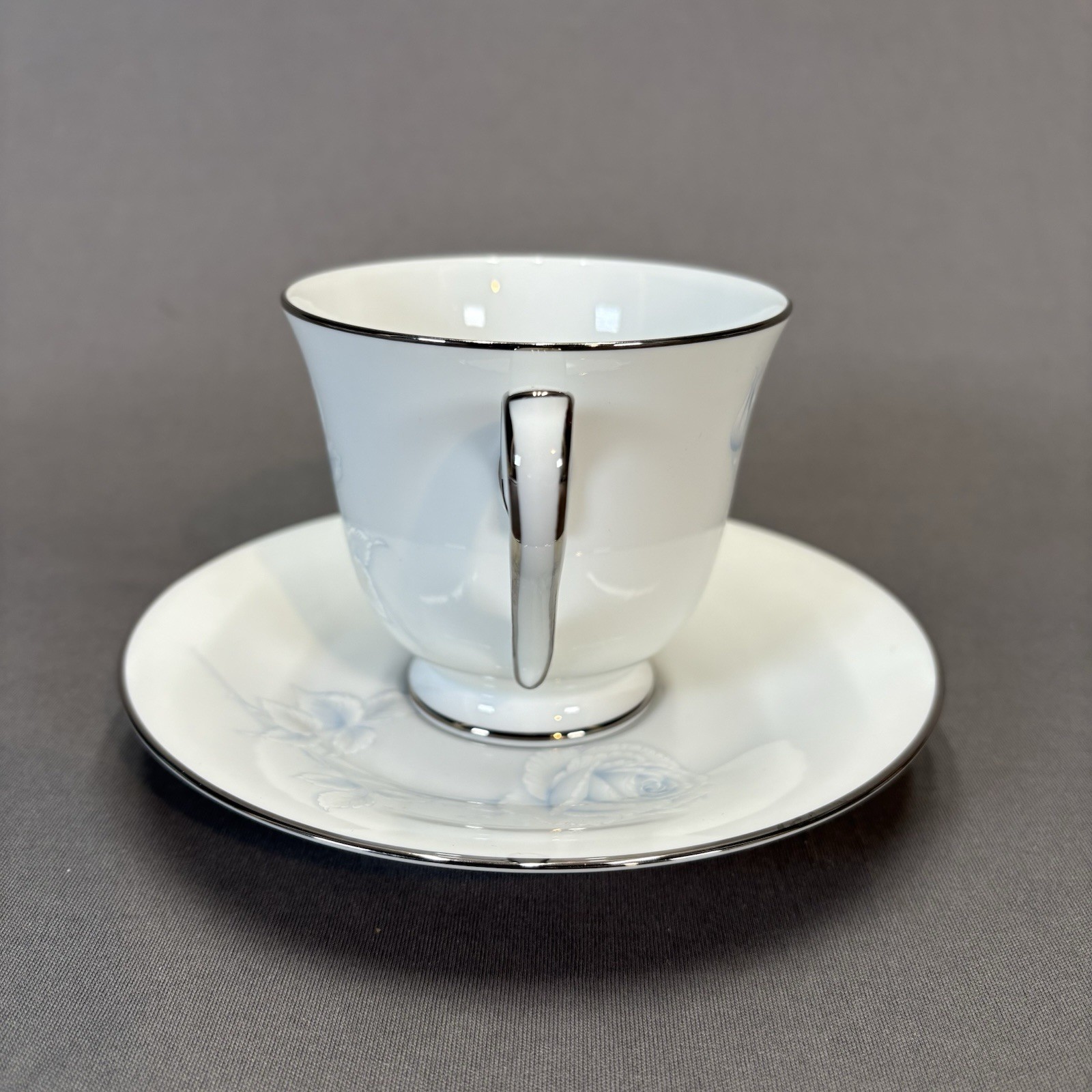 Noritake Virtue 2934 Cup and Saucer Replacements White Blue Roses Platinum Trim