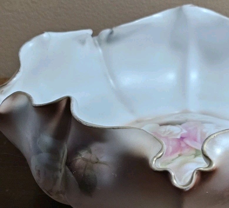 Antique RS Prussia Pink Rose 9″ Blown Out Bowl Exterior Painted Floral Gold