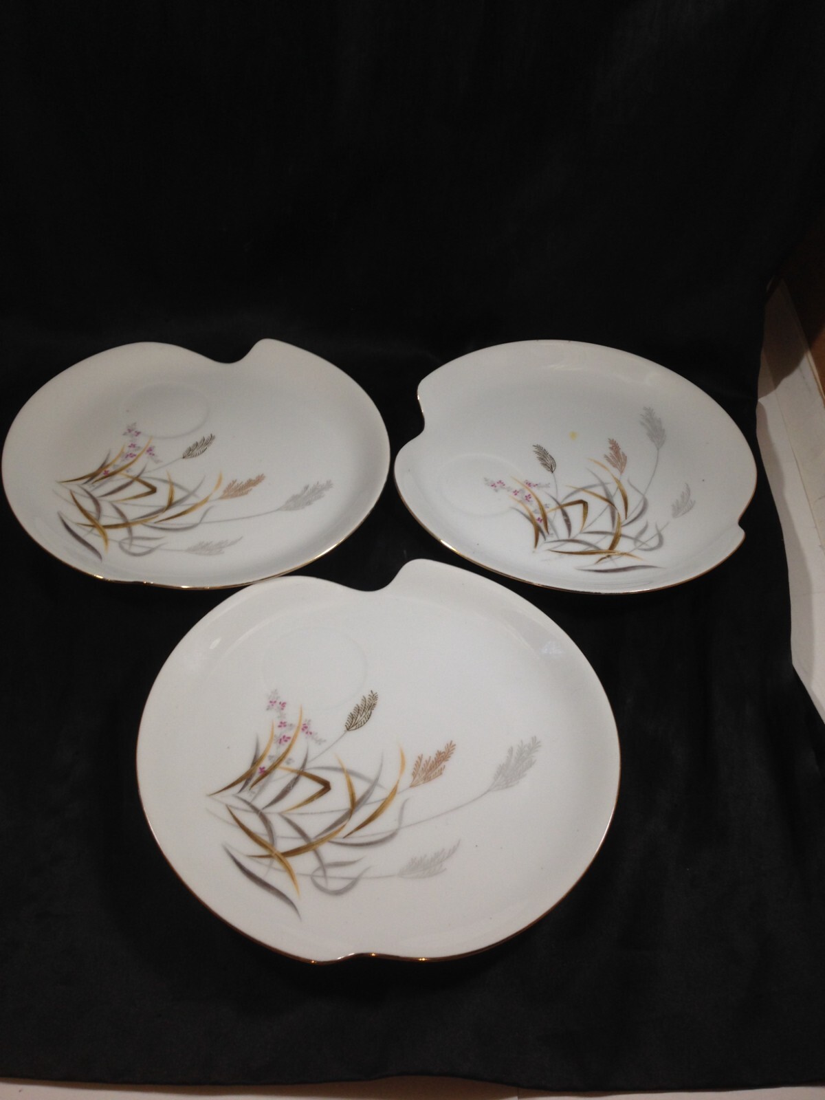 Set of 3 Summit Fine China Gold Trim Wheat Pattern Snack Plates