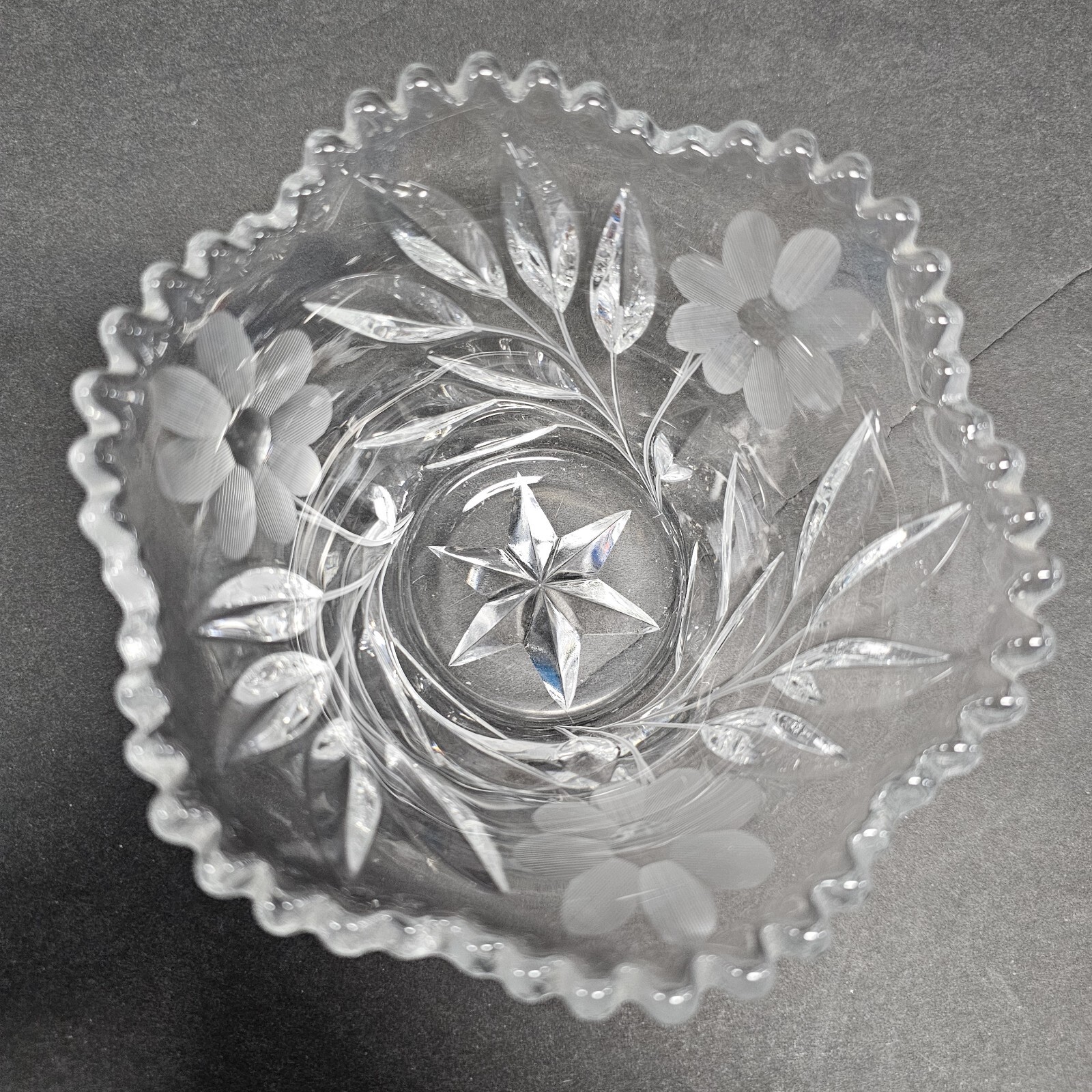 Lead Crystal Bowl Candy Nut Dish Etched Flowers Scalloped Edge Star Bottom