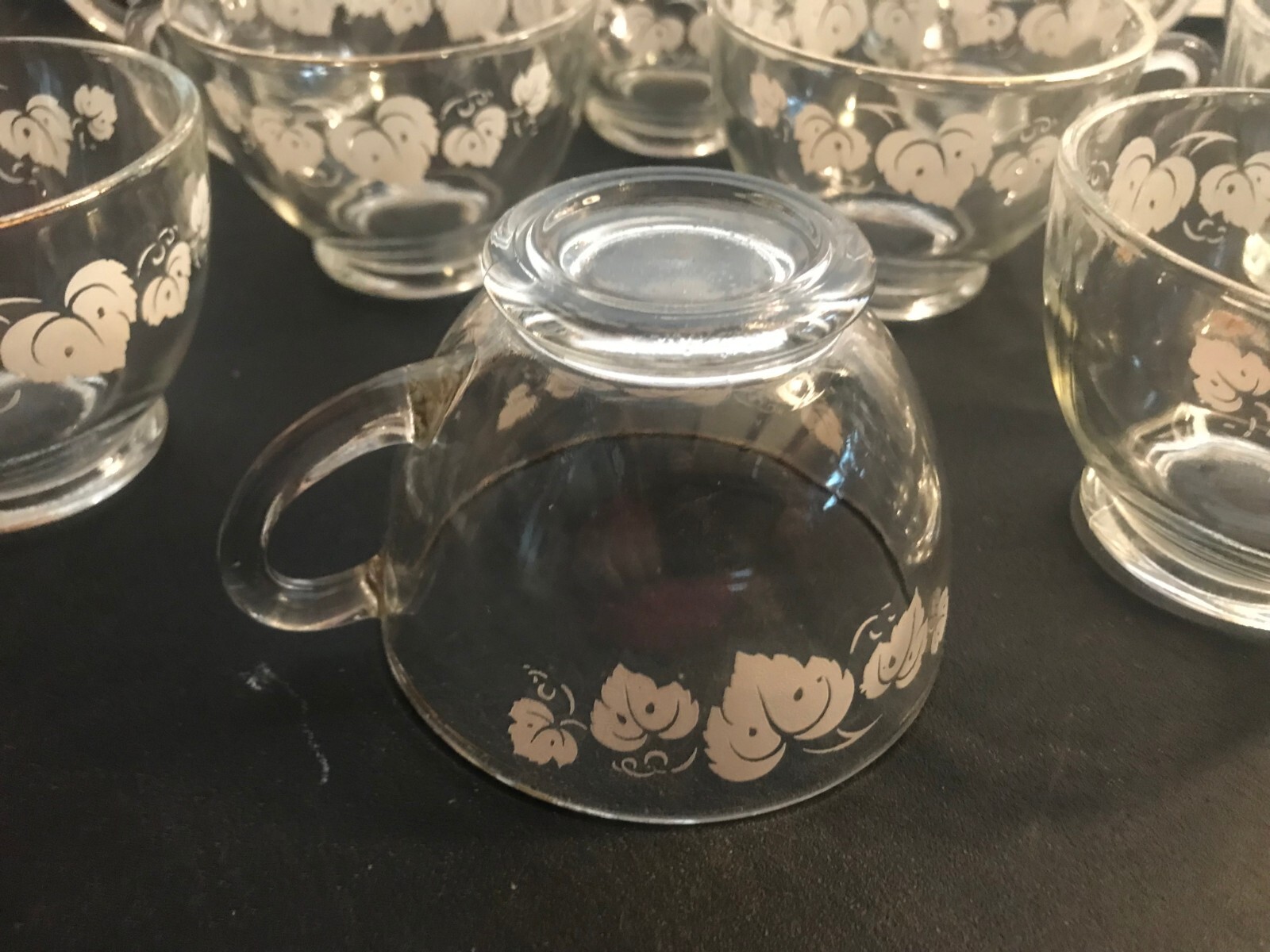 Vintage Glass Gooseberries Print Punch Bowl Set White Leaves with Gold Rim