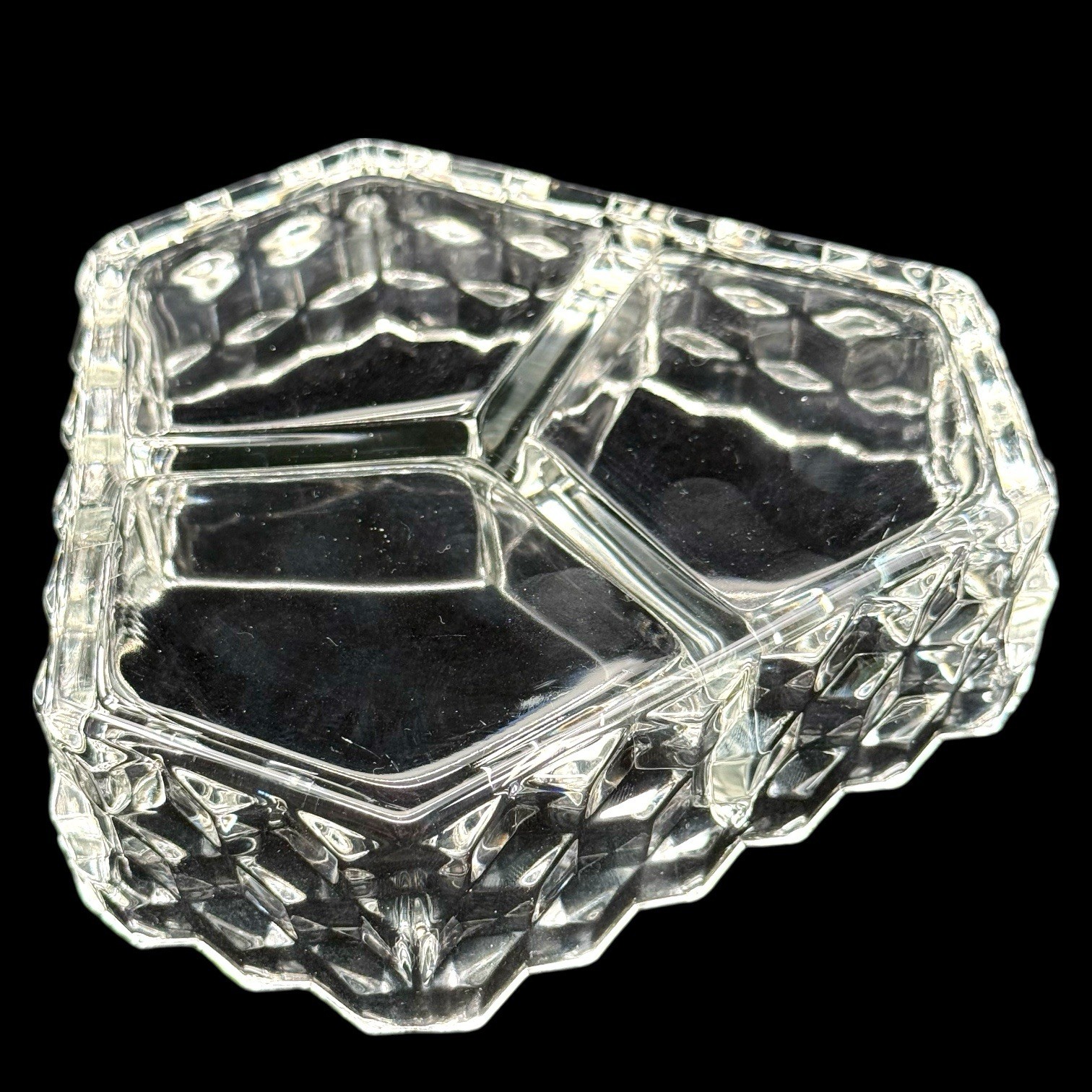 Fostoria American Cubist Covered Candy Dish, Hexagon 3 Section Glass Server MCM