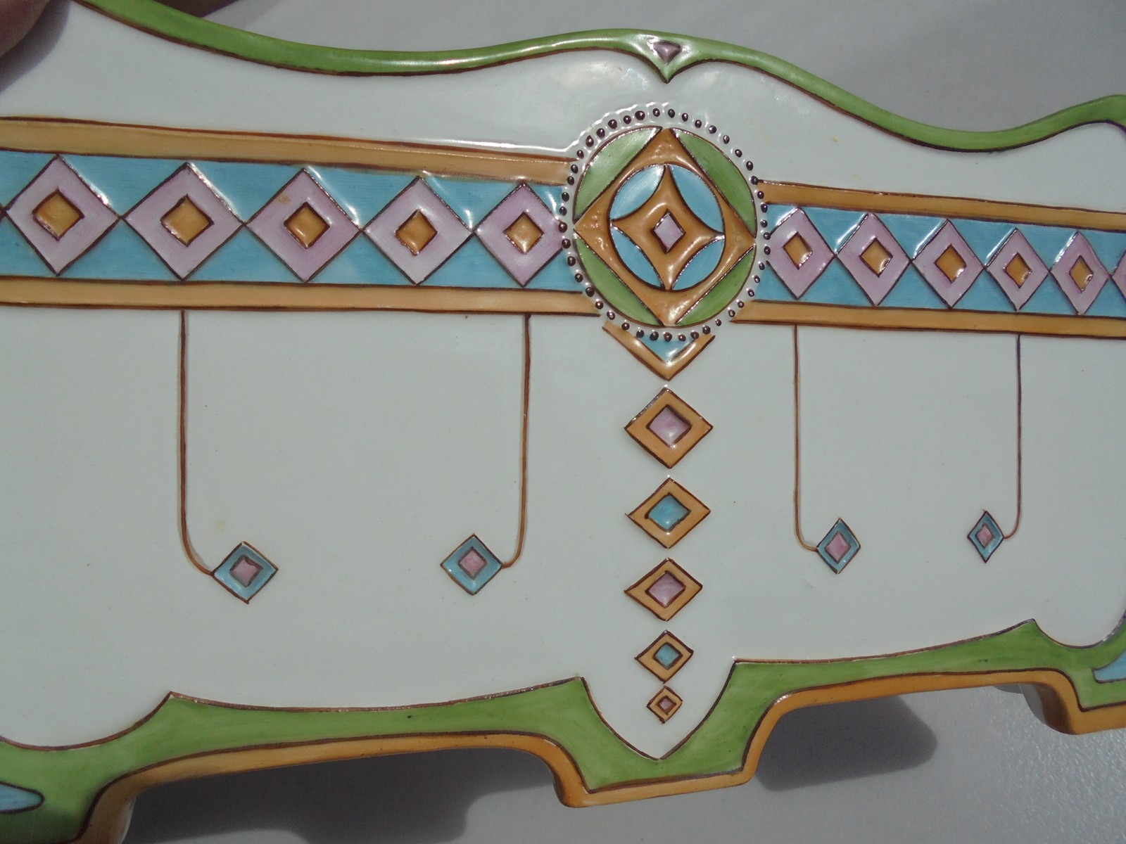 Unusual Antique Secessionist Style Majolica Triangular Ftd Bowl 10 1/2″