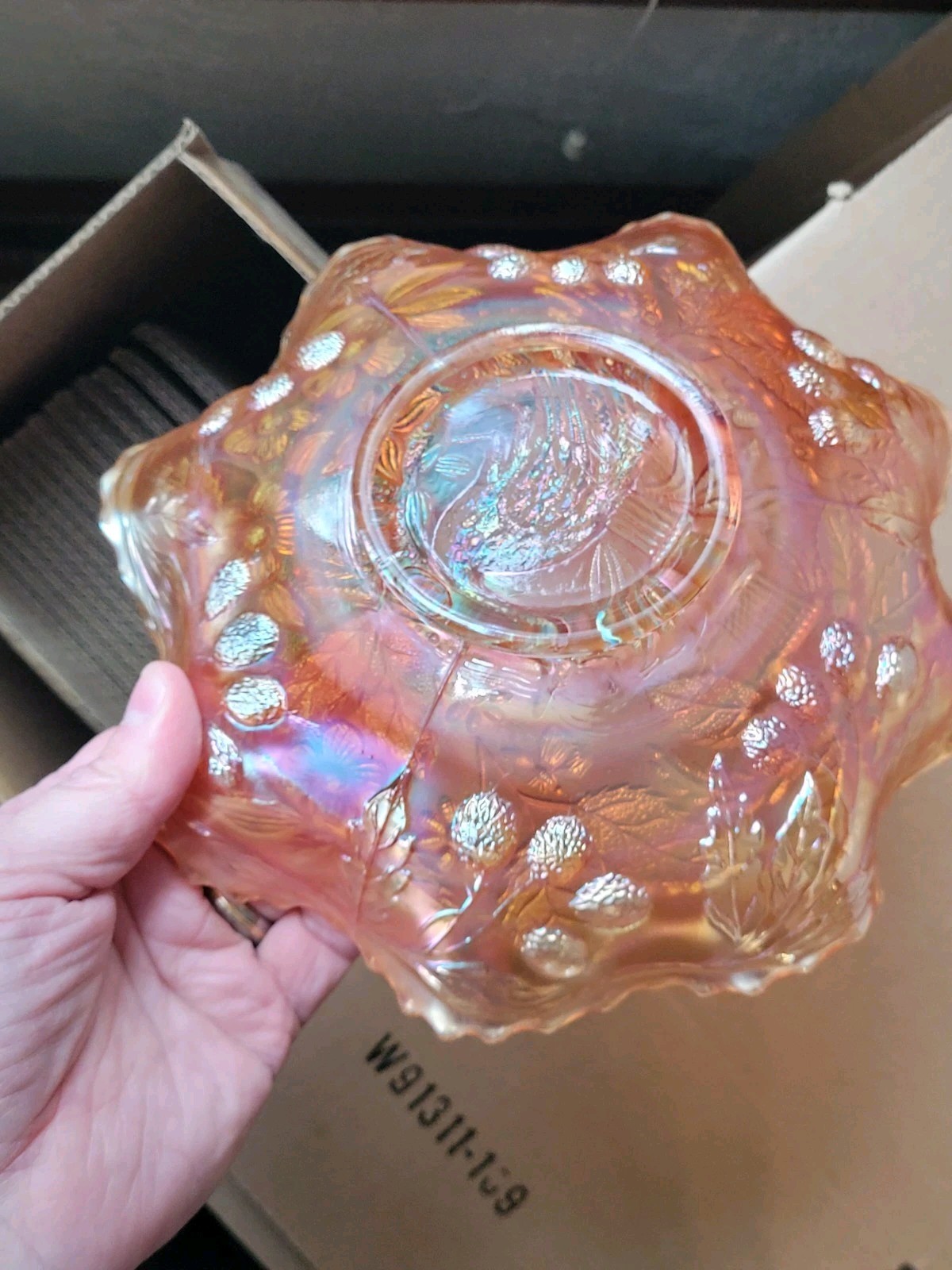 Pretty Dark Marigold Fenton Carnival Glass Peacock & Urn Pattern Bowl