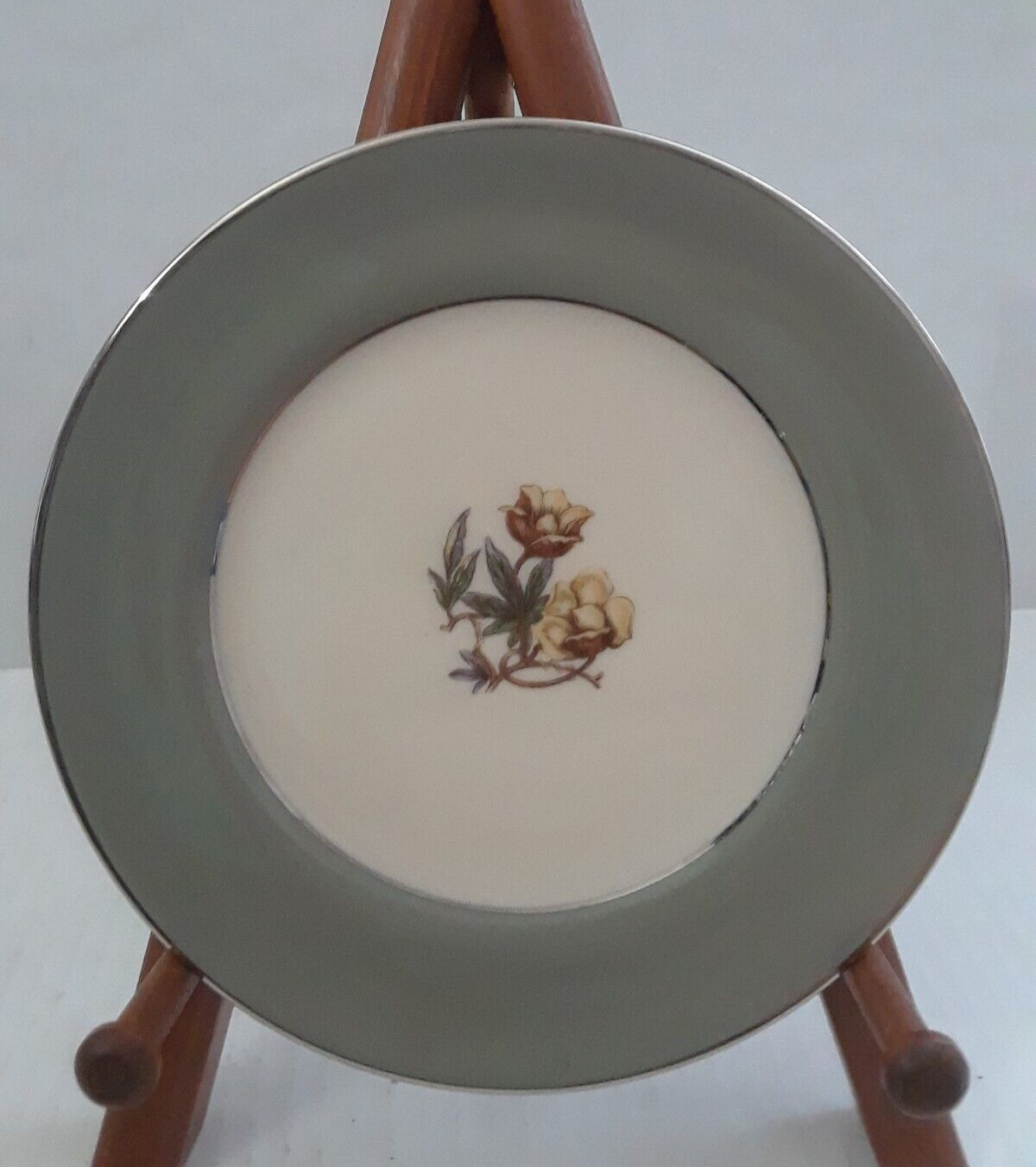 Flintridge China 6.25 in Bread Plate Floral with Green Back Stamp Silver Rim