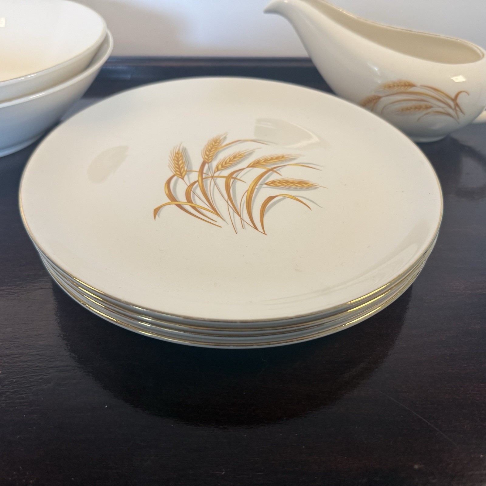 Homer Laughlin Vintage Golden Wheat 7 Piece Lot Plates Bowls Gravy Boat 22K Gold