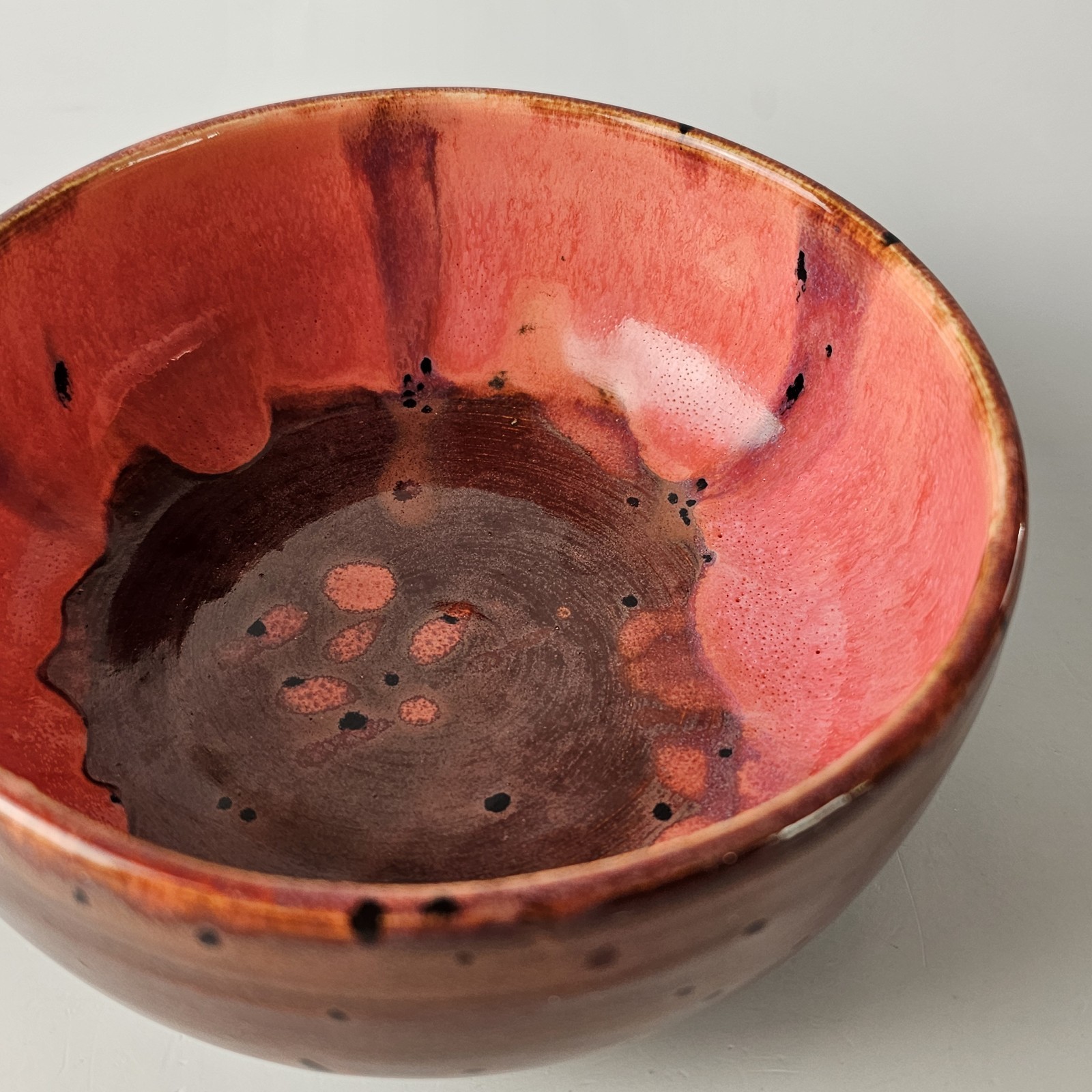 Signed Pottery Golden Red & Brown Drip Glaze Ceramic Bowl Studio Art