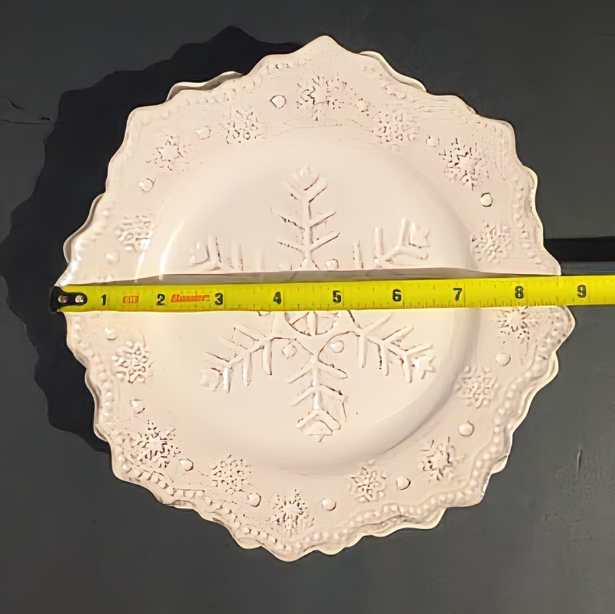 Pier 1 Imports Embossed Snowflake Christmas Salad Plates set/4 Stoneware 8¾” NEW