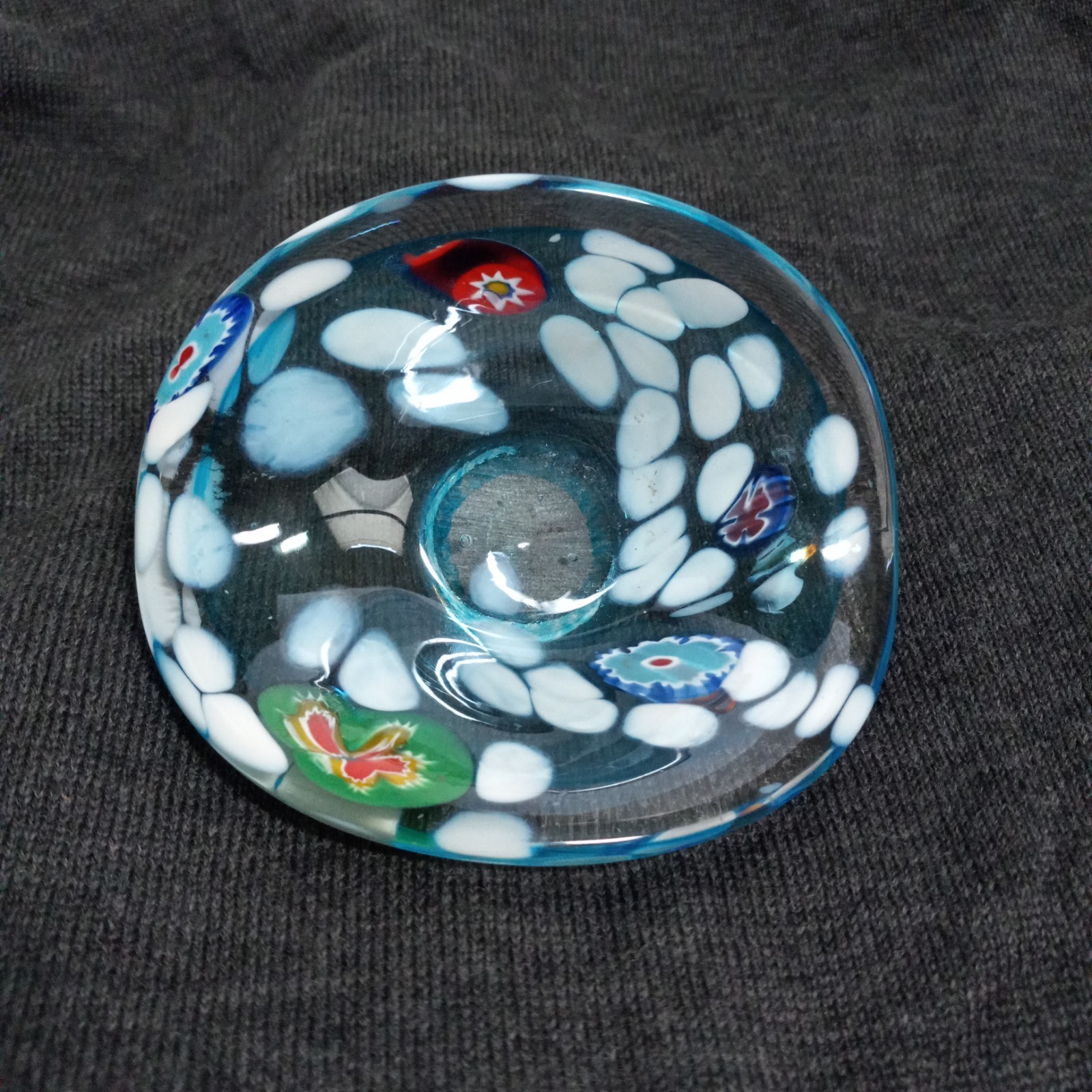 Millefiori Art Glass Multicolor Floral Blue Green Red Trinket Candy Dish 4″ VGUC