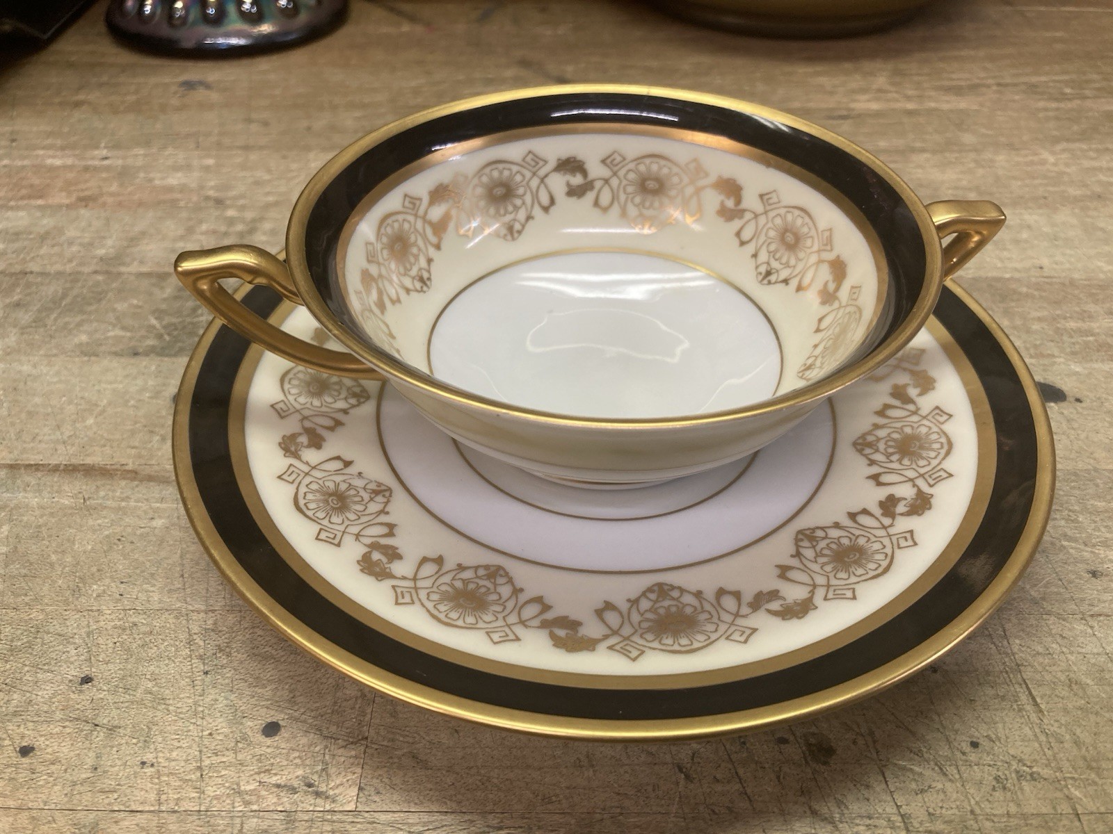 Thomas Bavaria / Pickard China Black And Gold Bullion Soup Cup With Saucer