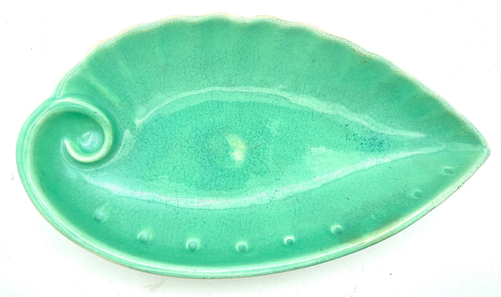 Red Wing Pottery Bowl Green w Cream Base Shell Shape 1950s Vintage 12″ long