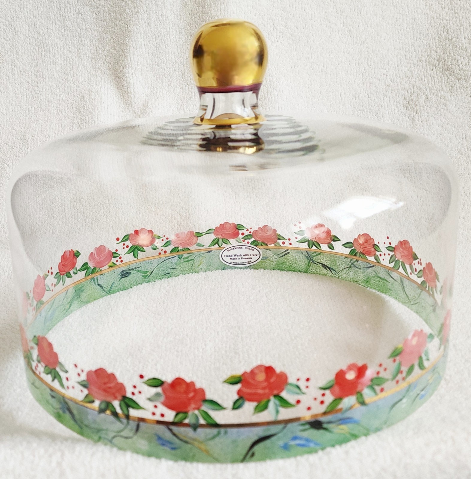 Mackenzie Childs Heirloom Glass Cake Dome Faux Marbling & Flowers NIB