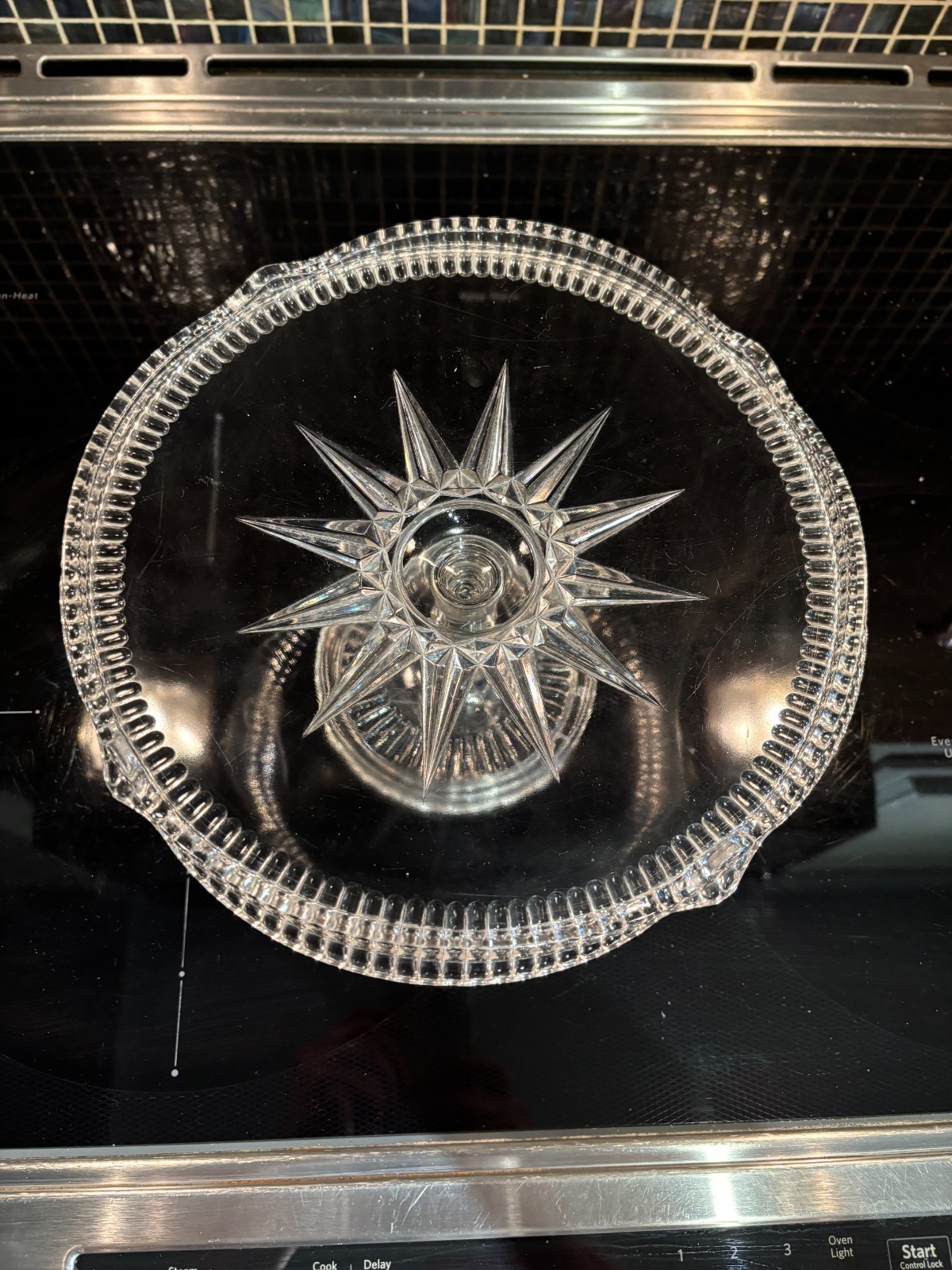 EAPG Brilliant Glass Co Pedestal Cake Stand Aurora Diamond Horseshoe Clear